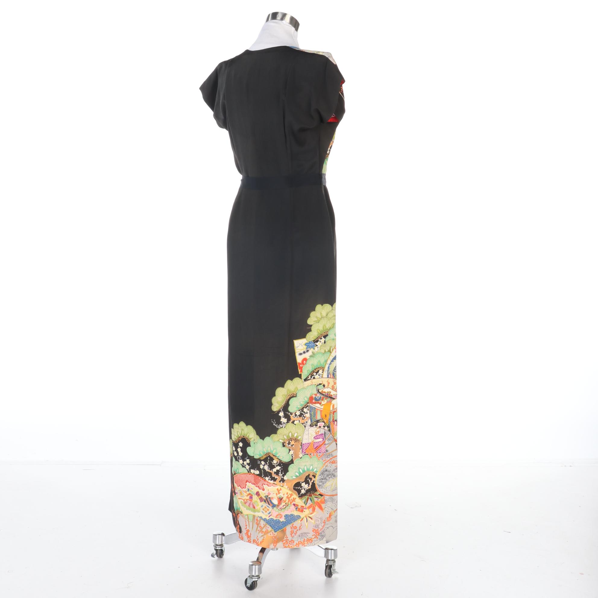 Betty Higgins Dress in "Kurotomesode" Kimono Silk Crepe Fabric, Mid-20th Century