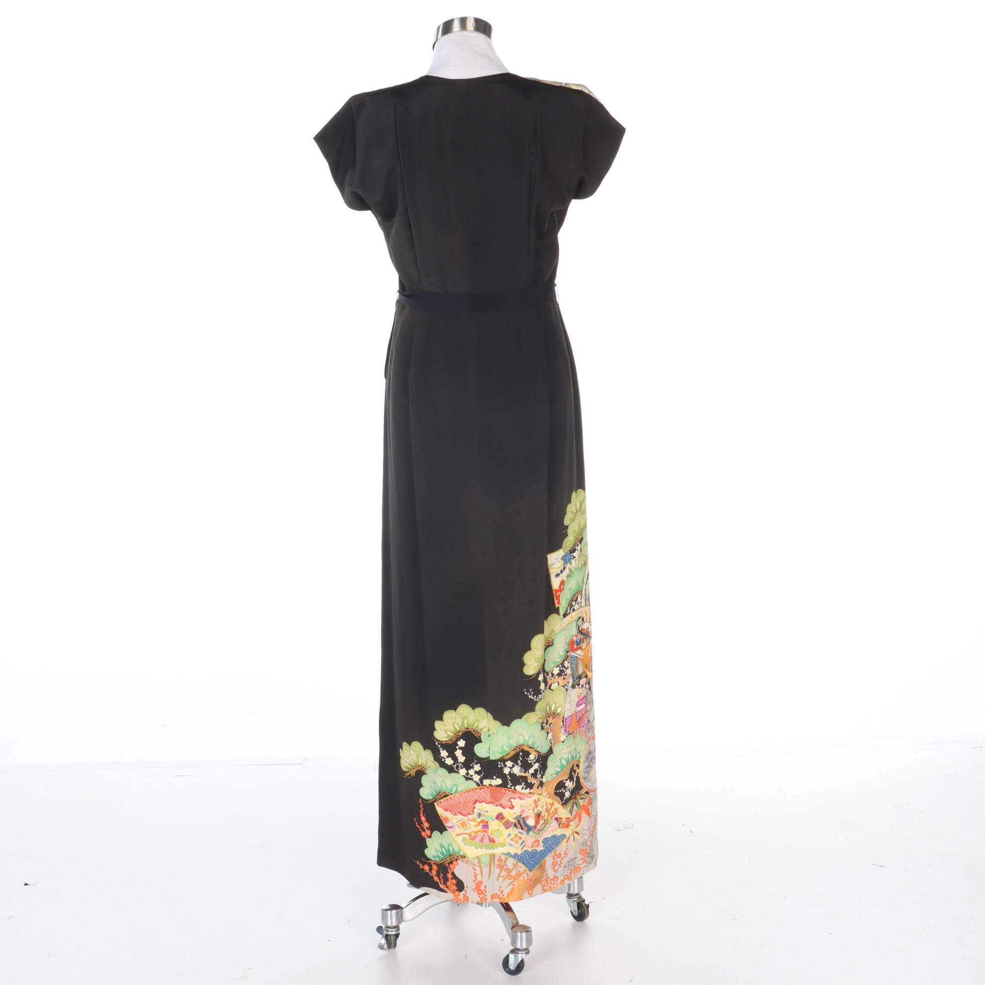 Betty Higgins Dress in "Kurotomesode" Kimono Silk Crepe Fabric, Mid-20th Century