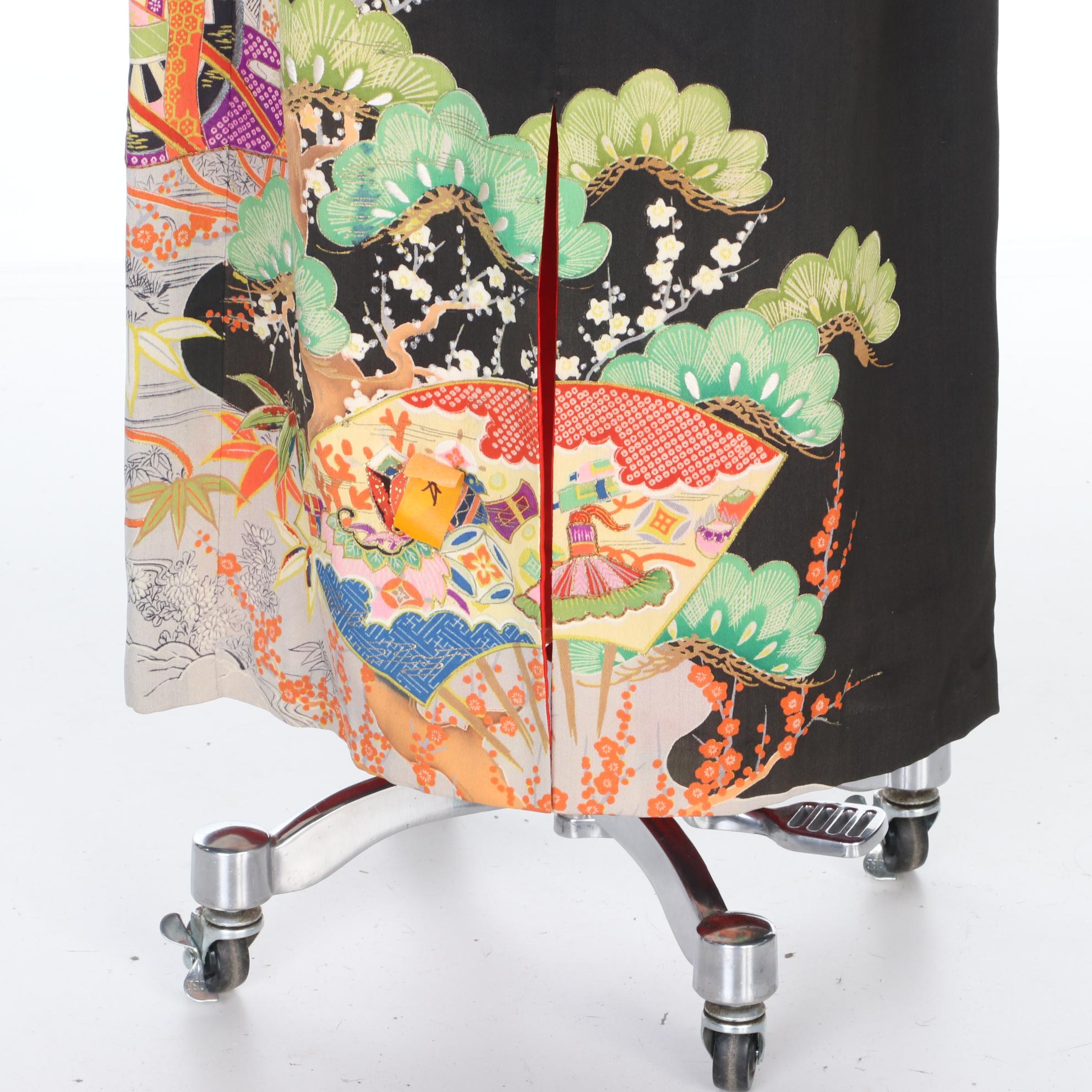 Betty Higgins Dress in "Kurotomesode" Kimono Silk Crepe Fabric, Mid-20th Century