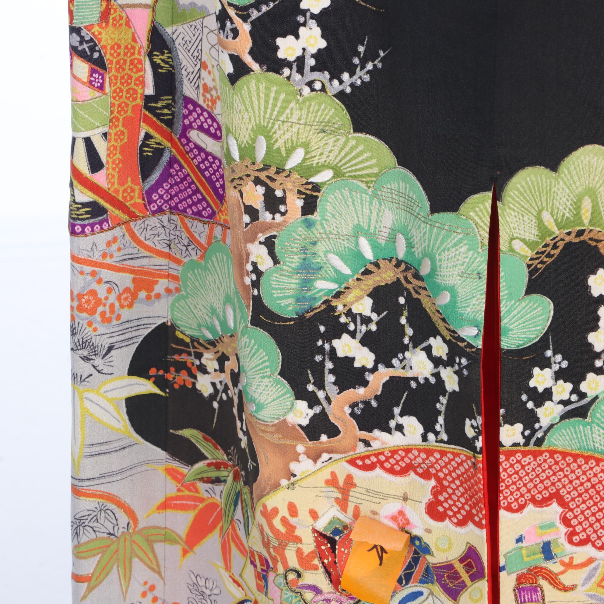 Betty Higgins Dress in "Kurotomesode" Kimono Silk Crepe Fabric, Mid-20th Century