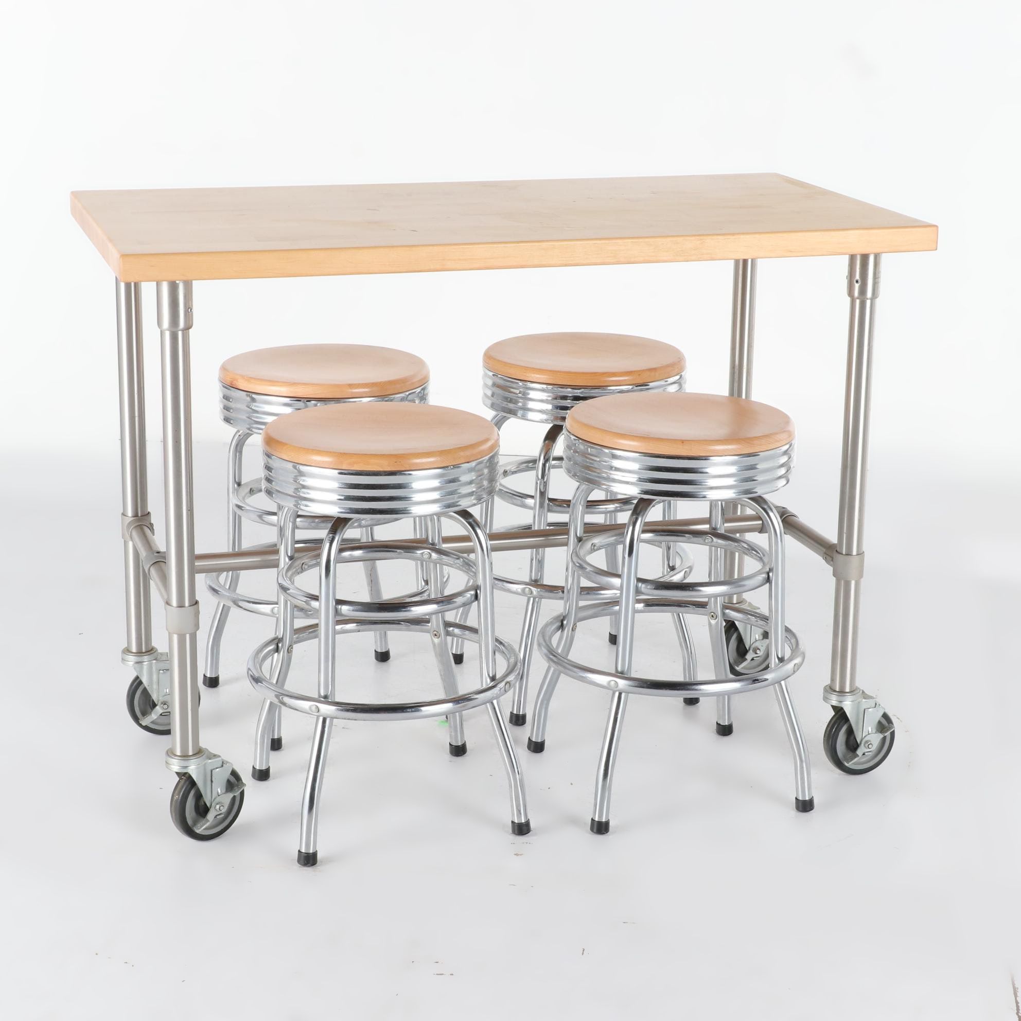 Butcher Block Style Maple Kitchen Island on Wheels with Matching Stools