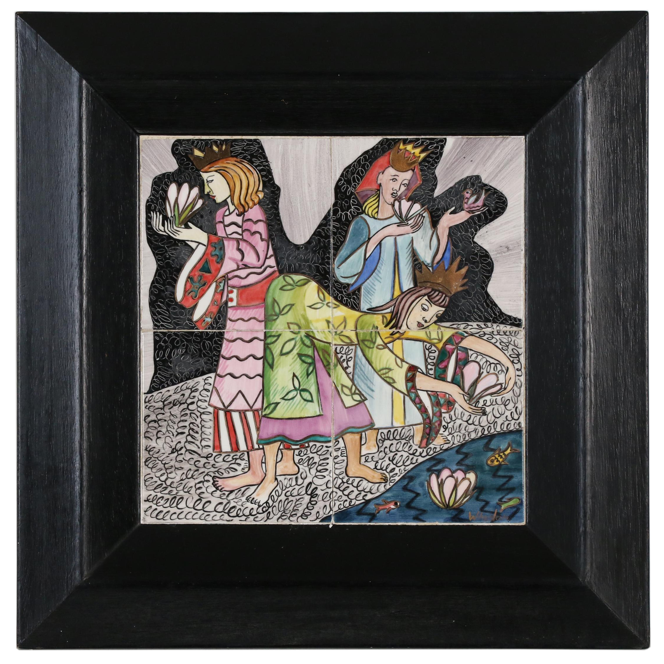 Aida Whedon Painted Ceramic Tile of Three Princesses, Mid to Late 20th Century