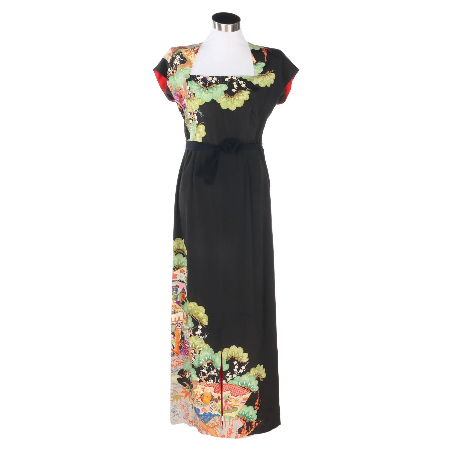 Betty Higgins Dress in "Kurotomesode" Kimono Silk Crepe Fabric, Mid-20th Century