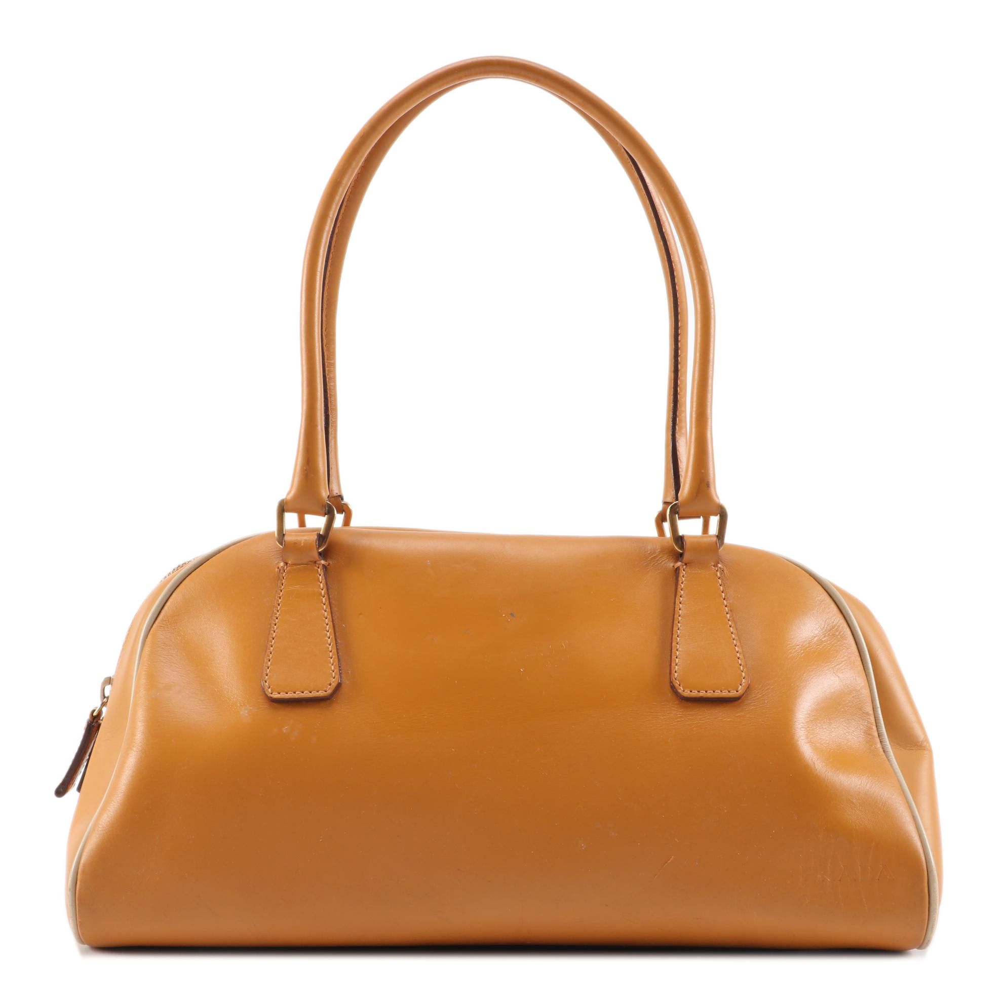 Prada Leather Bowler Handbag in Orange with White Leather Trim