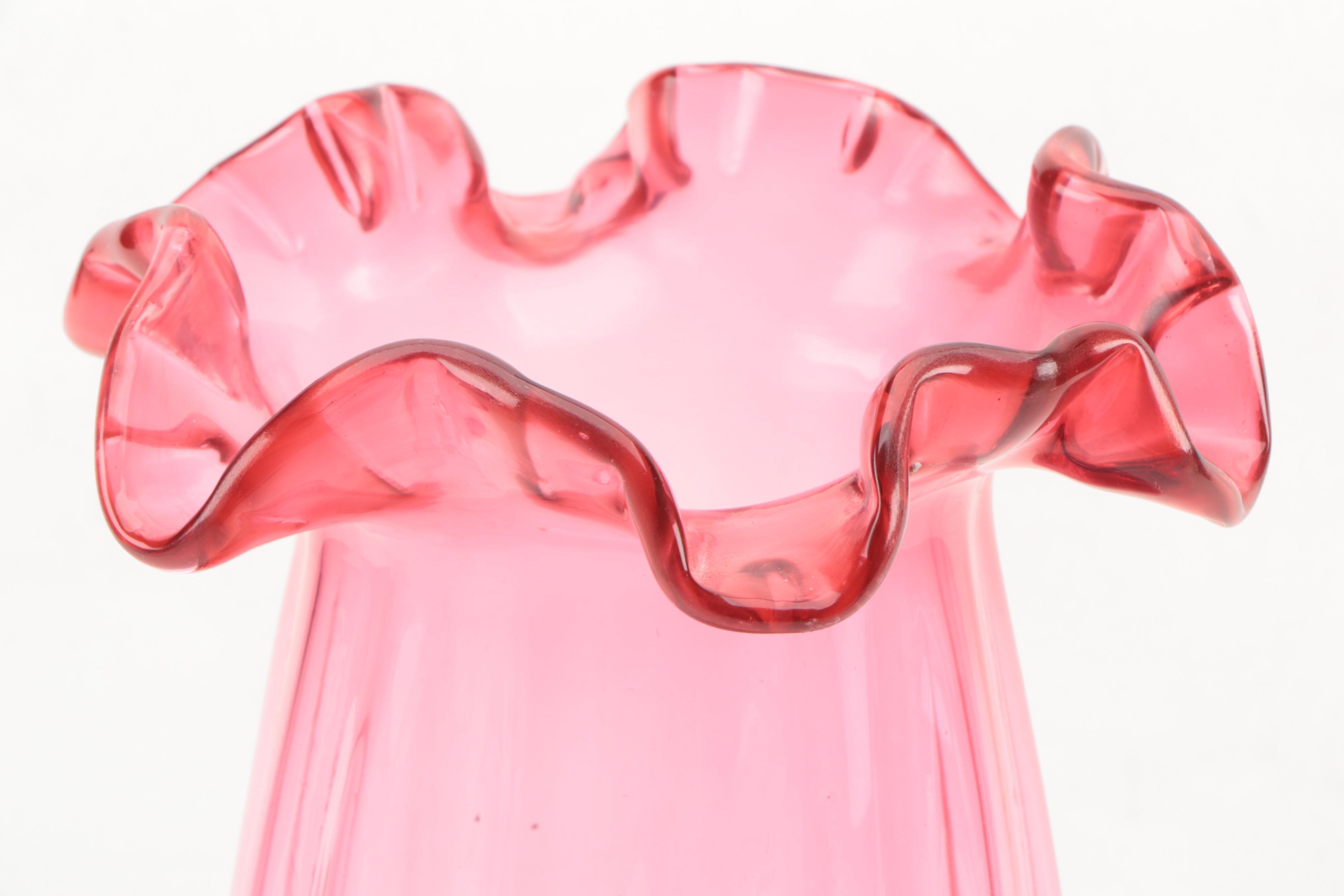 Cranberry Glass Fluted Ruffle Edge Vase, Mid 20th Century