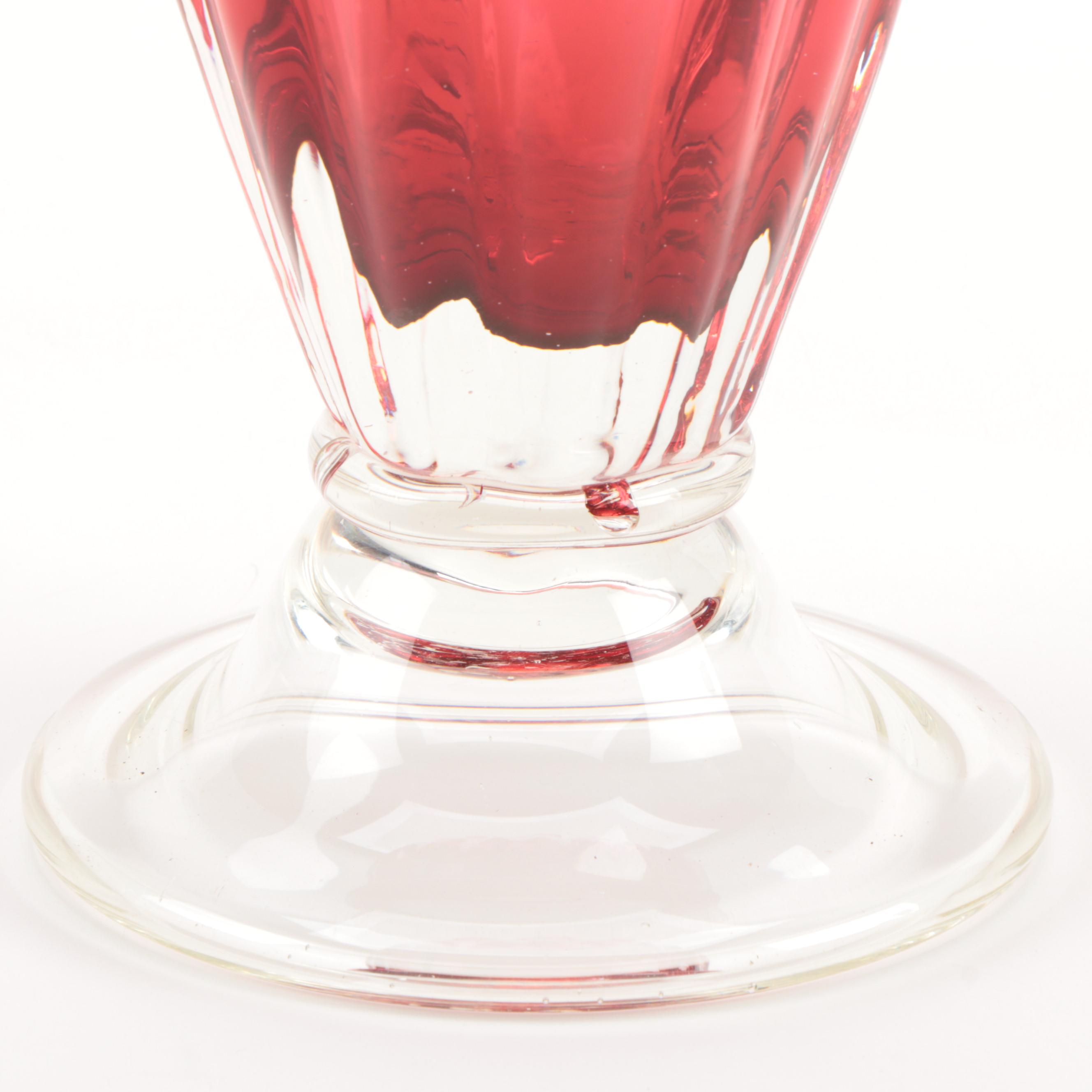 Cranberry Glass Fluted Ruffle Edge Vase, Mid 20th Century