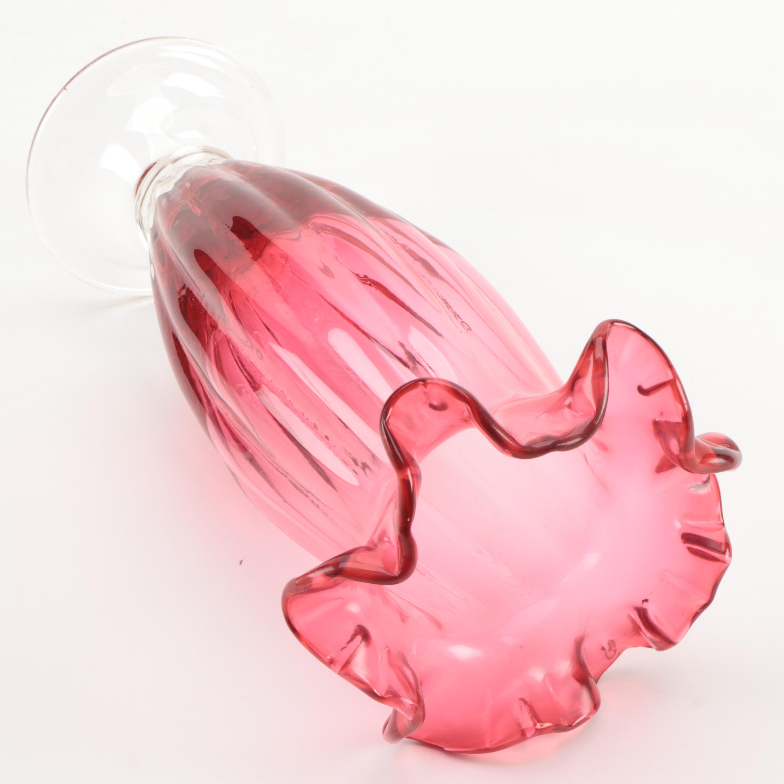 Cranberry Glass Fluted Ruffle Edge Vase, Mid 20th Century