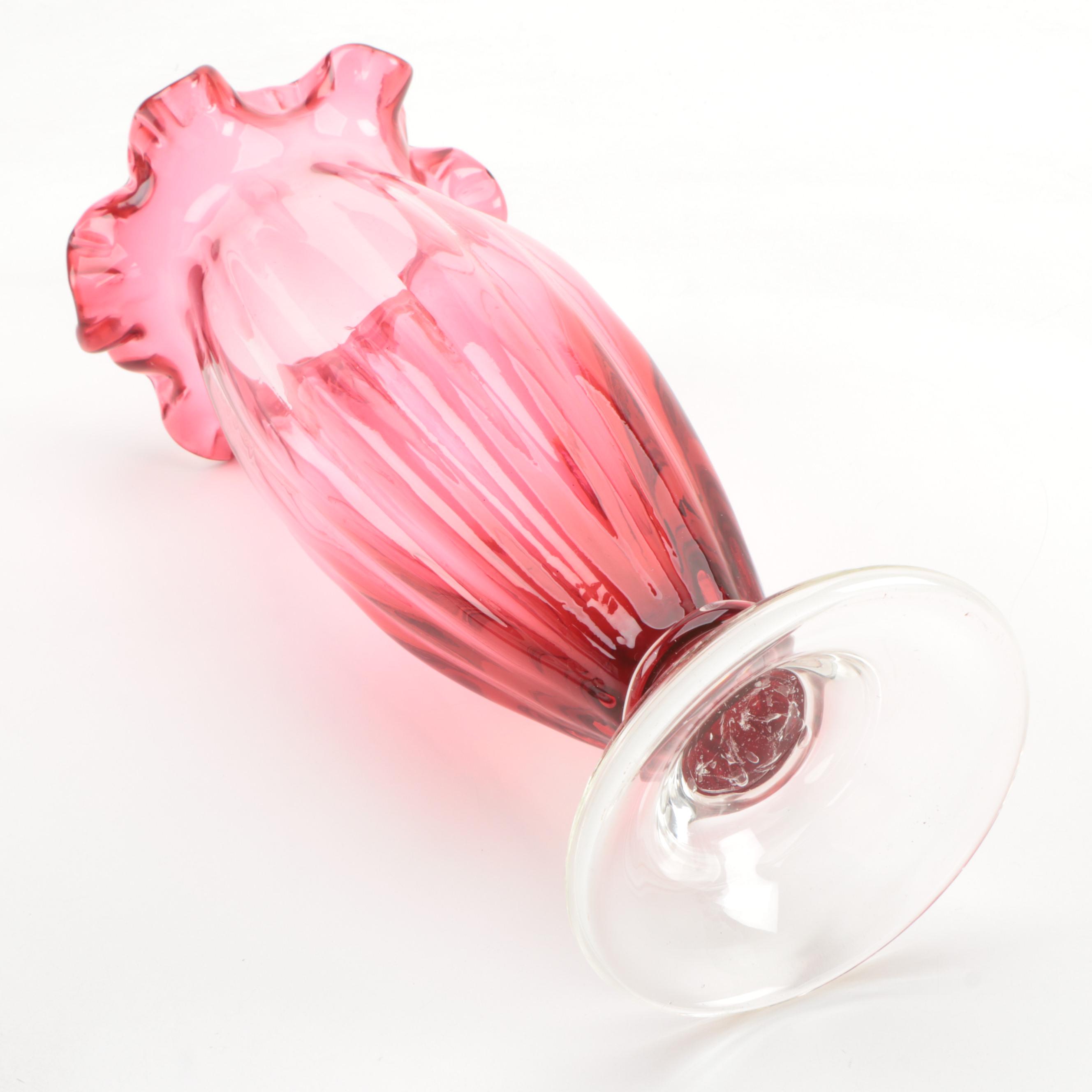 Cranberry Glass Fluted Ruffle Edge Vase, Mid 20th Century