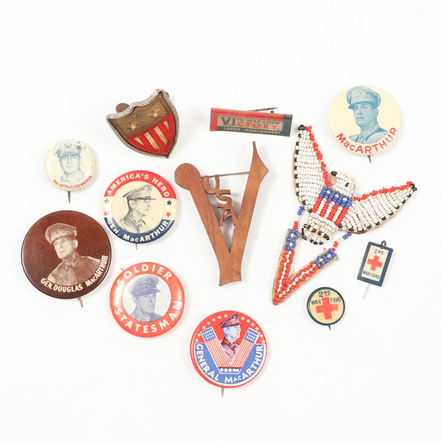 General Douglas MacArthur Portrait Pinbacks and More, 1940s