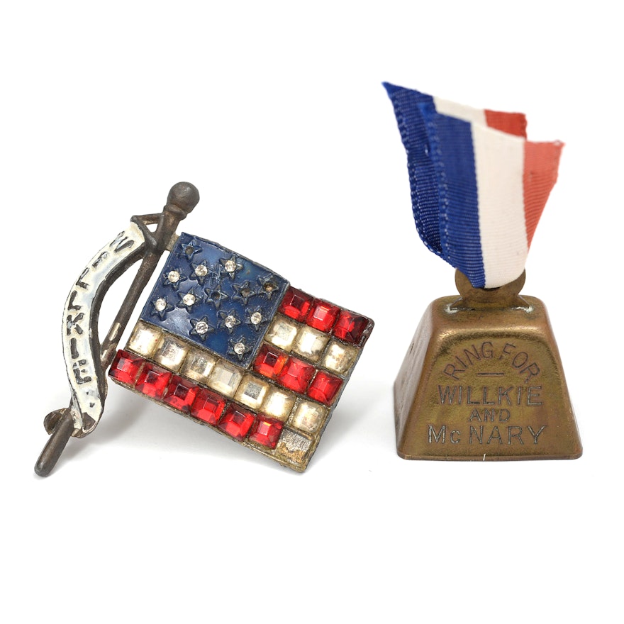 Wendell Willkie "Ring for Willkie and McNary" Bell and American Flag Brooch