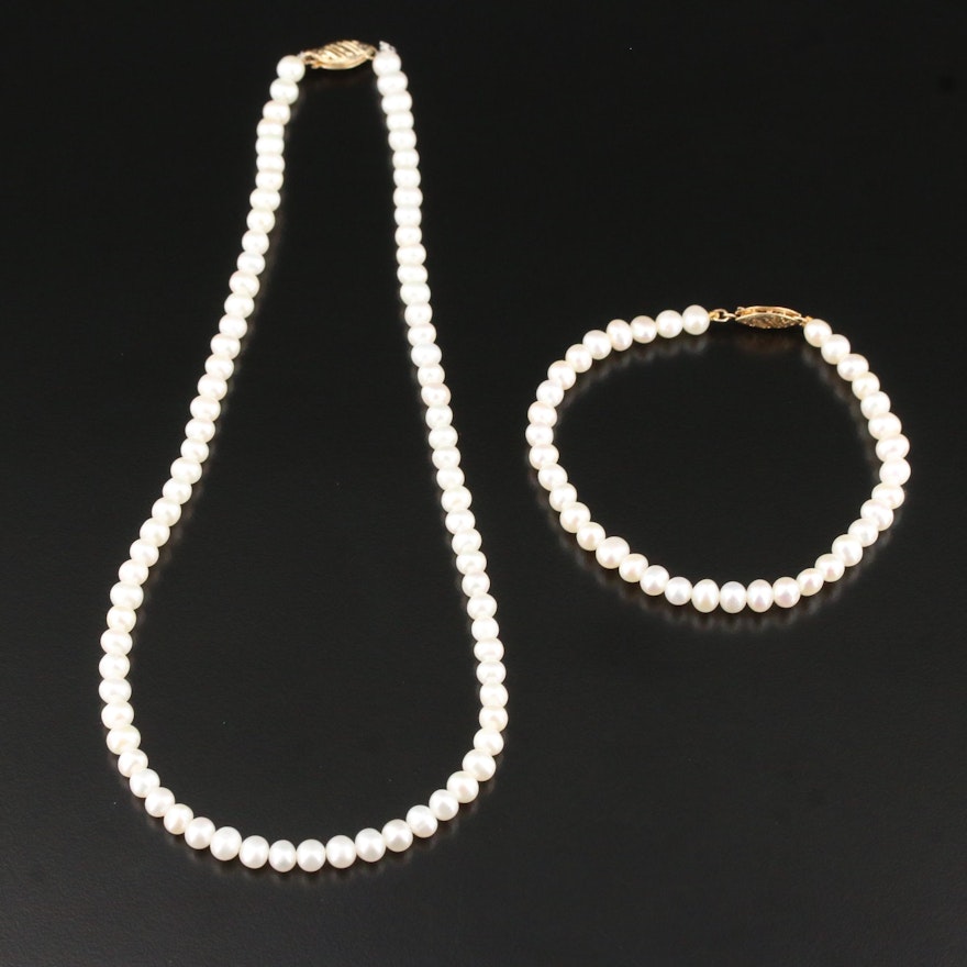 Pearl Necklace and Bracelet with 14K Clasps