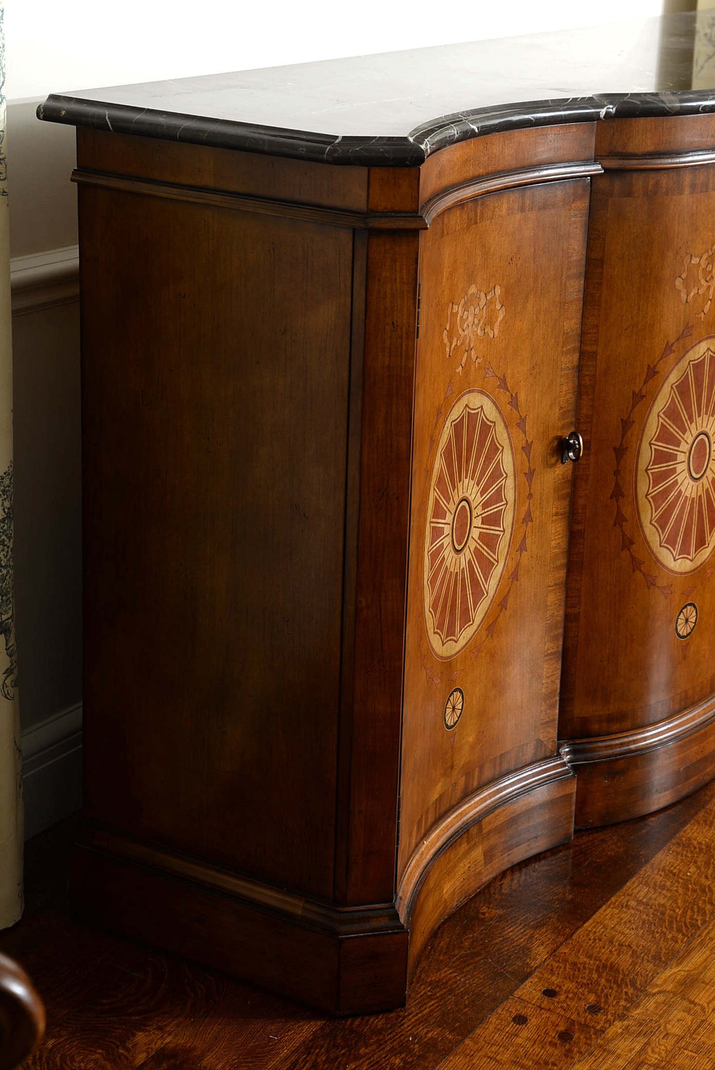 Century Furniture Mahogany-Stained and Marquetry-Inlaid Marble Top Sideboard