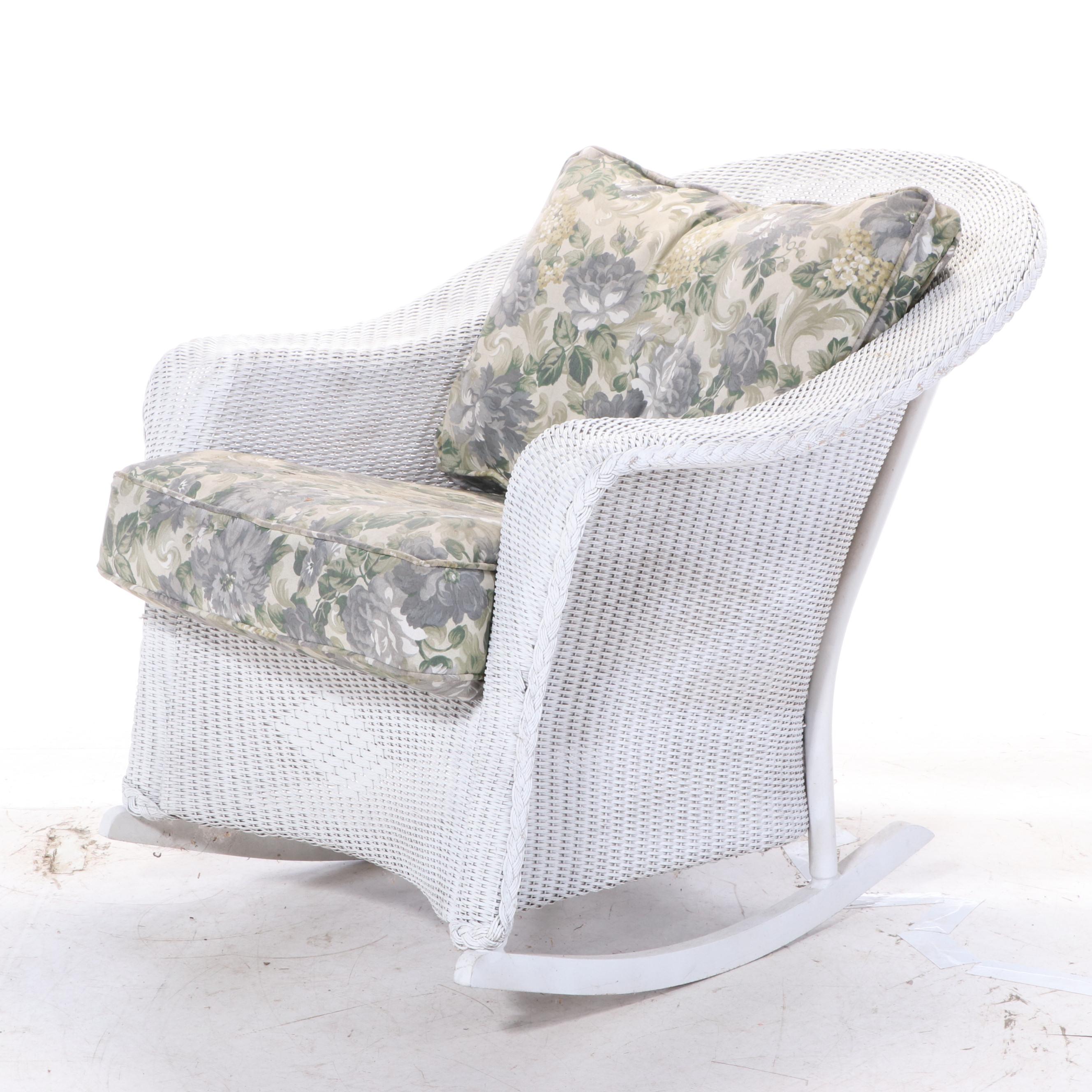 Lloyd Loom All-Weather White Wicker Rocking Armchair and Footstool