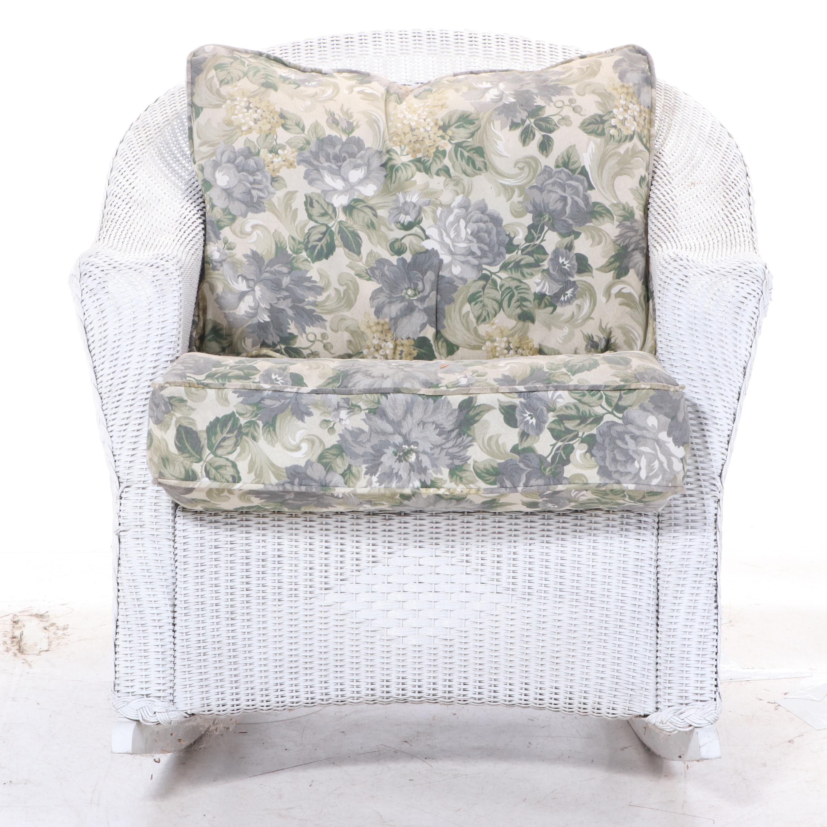 Lloyd Loom All-Weather White Wicker Rocking Armchair and Footstool