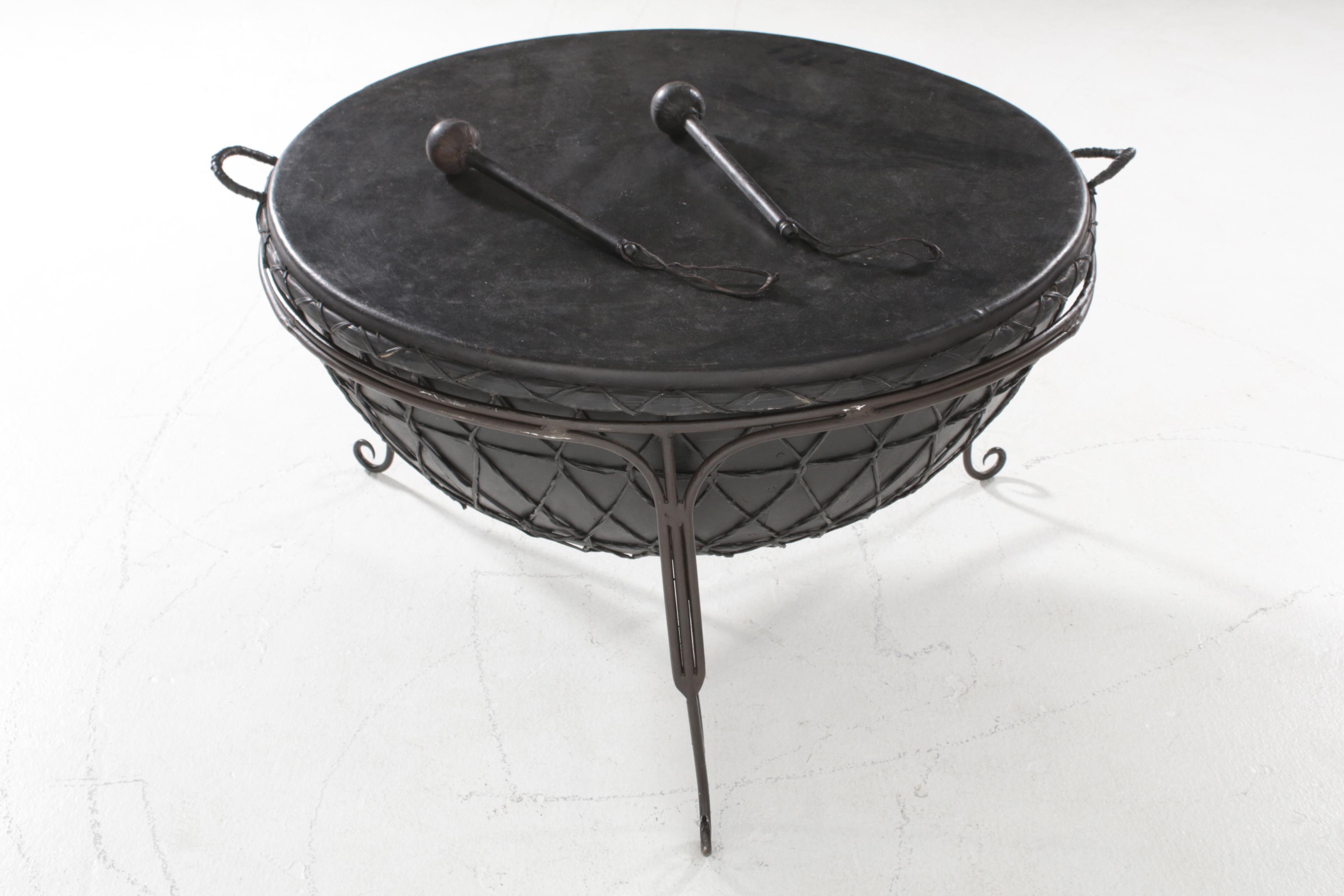 African-Style Leather Drum on Metal Stand or Coffee Table