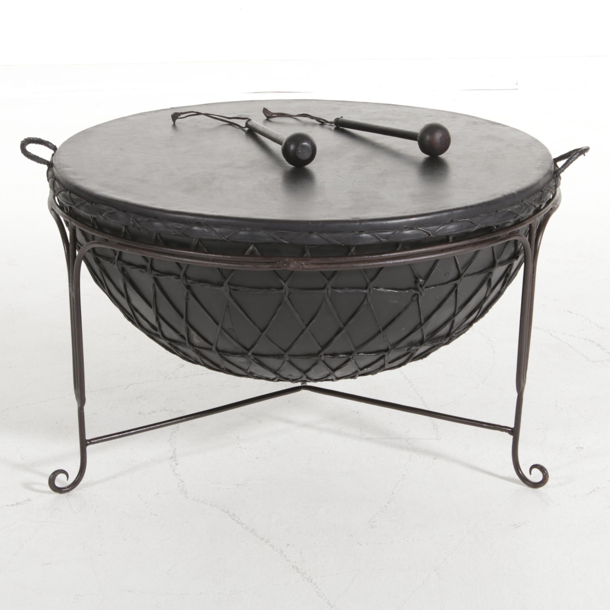 African-Style Leather Drum on Metal Stand or Coffee Table