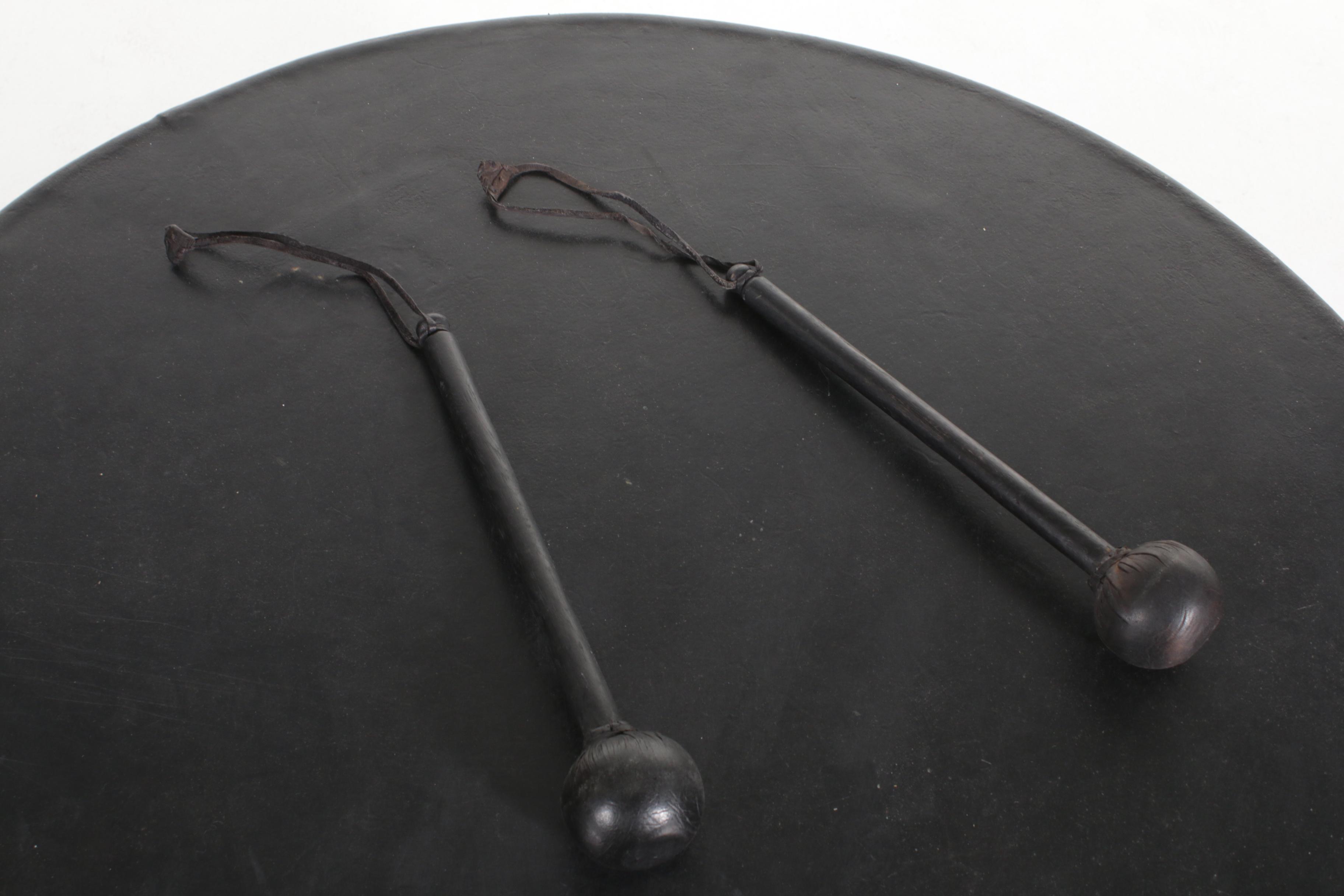 African-Style Leather Drum on Metal Stand or Coffee Table