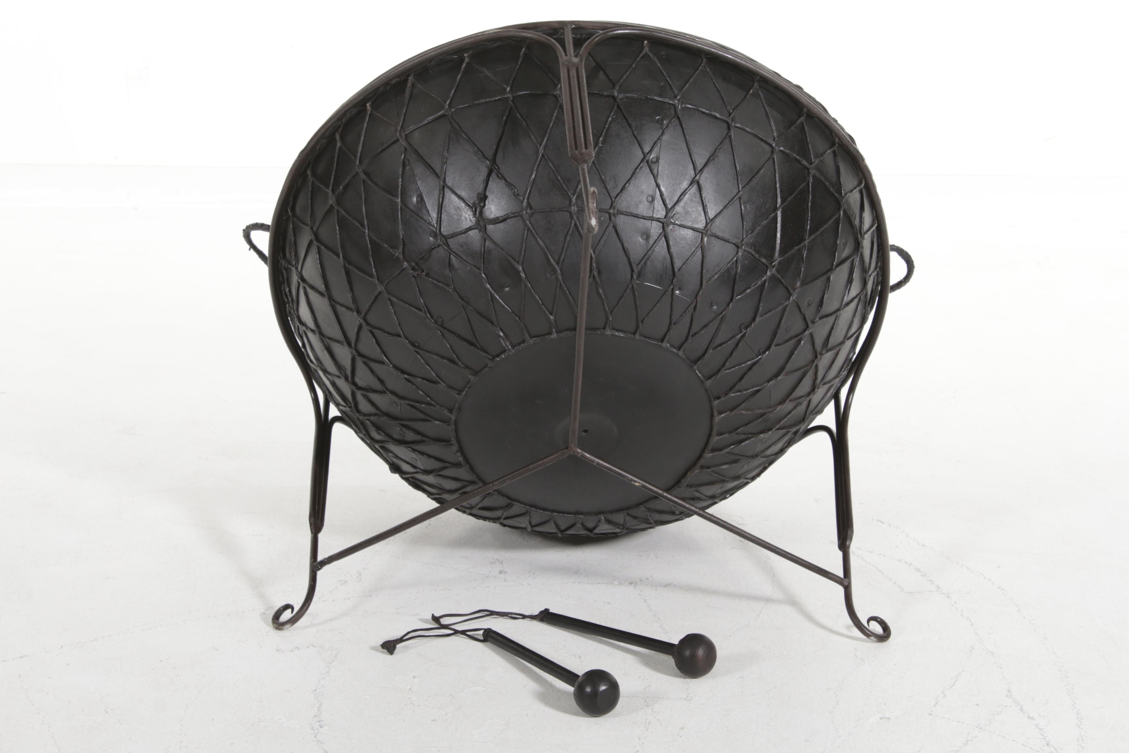 African-Style Leather Drum on Metal Stand or Coffee Table