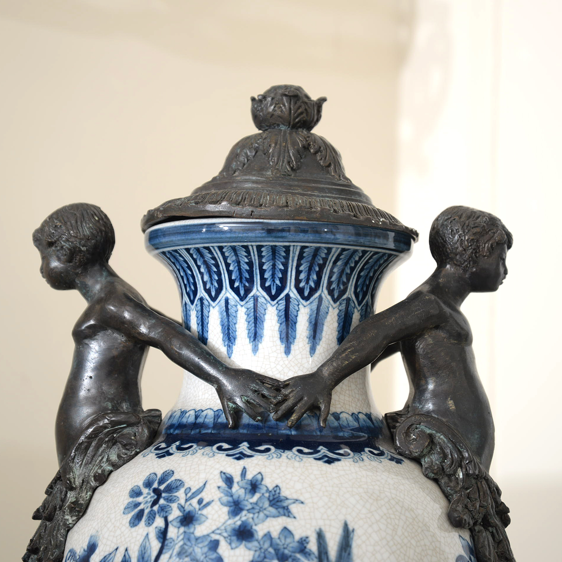 Delft Style Metal-Mounted Porcelain Covered Urn