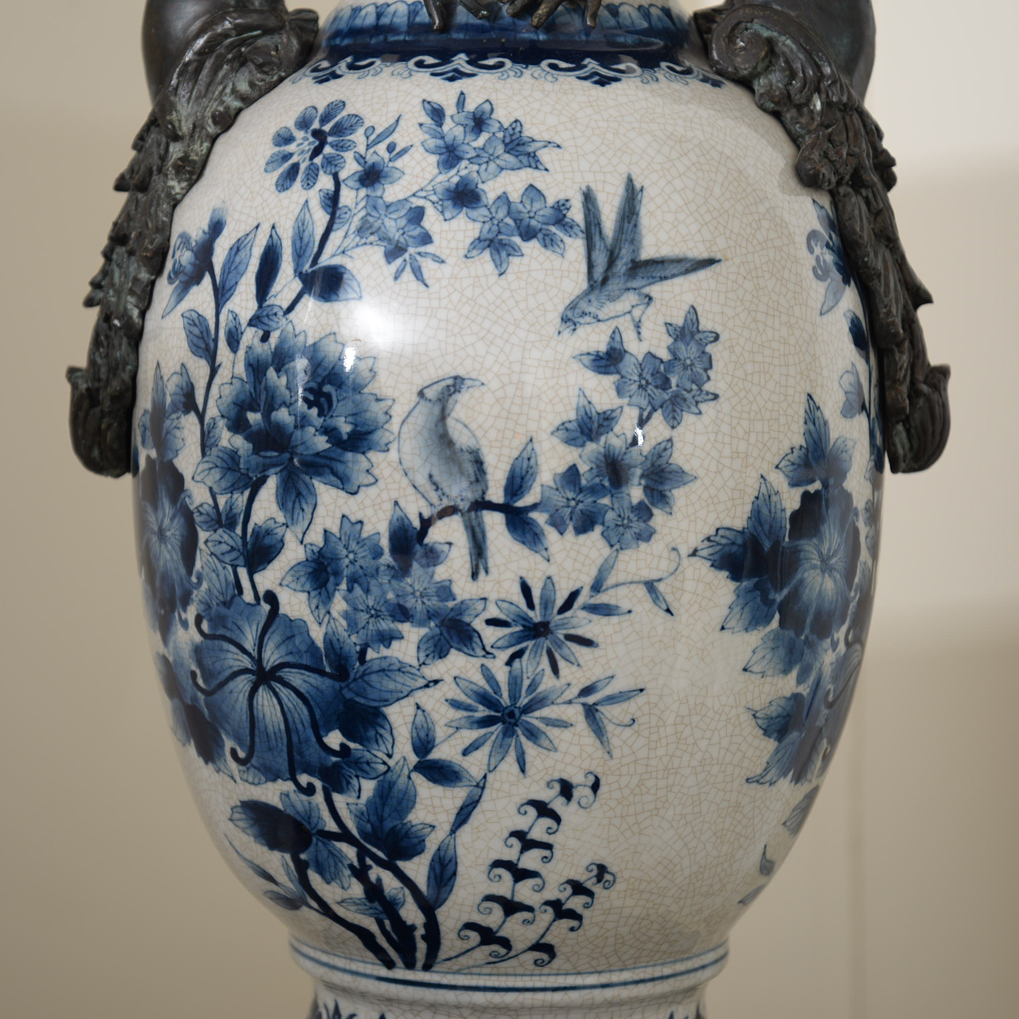 Delft Style Metal-Mounted Porcelain Covered Urn