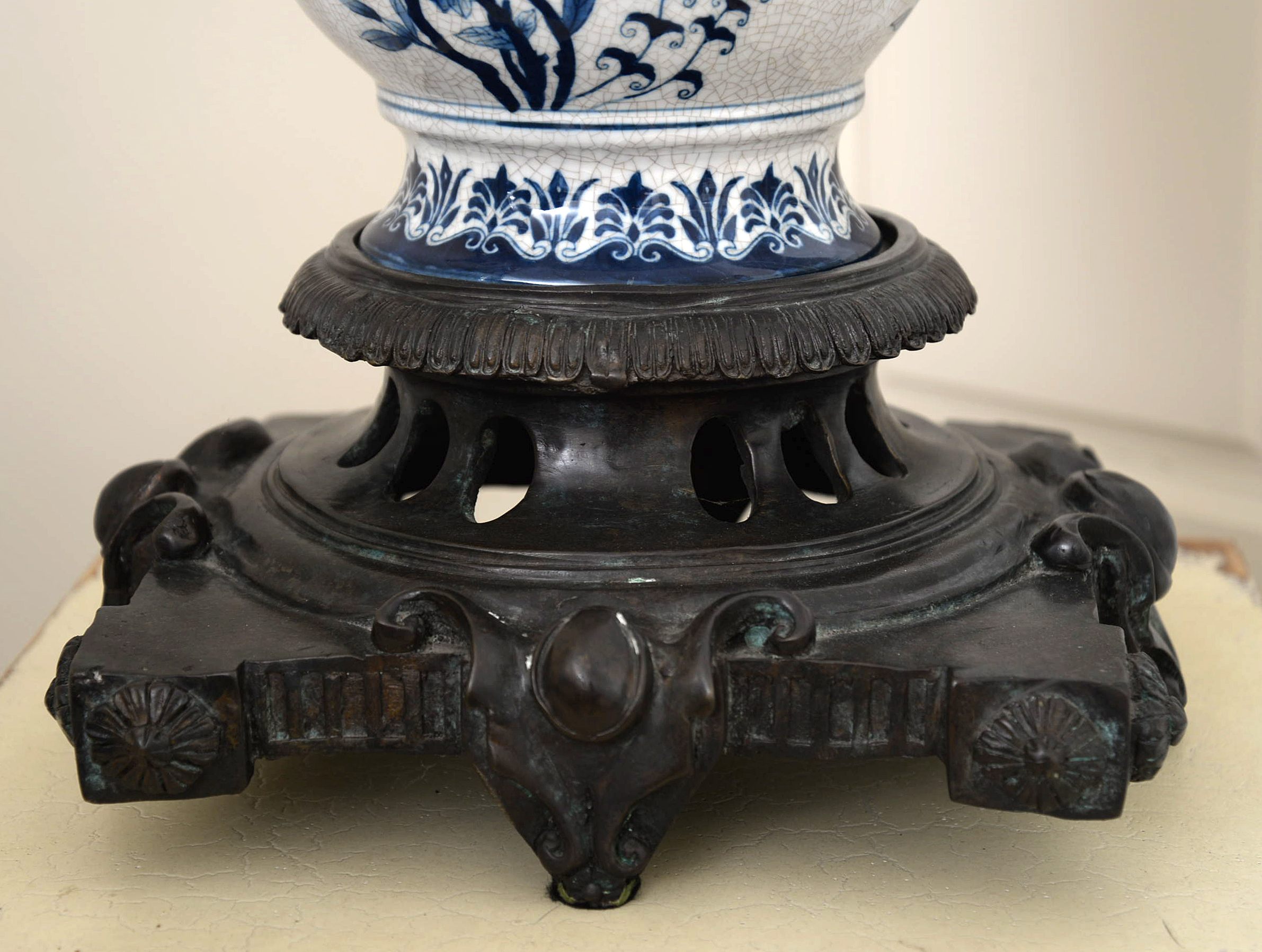 Delft Style Metal-Mounted Porcelain Covered Urn