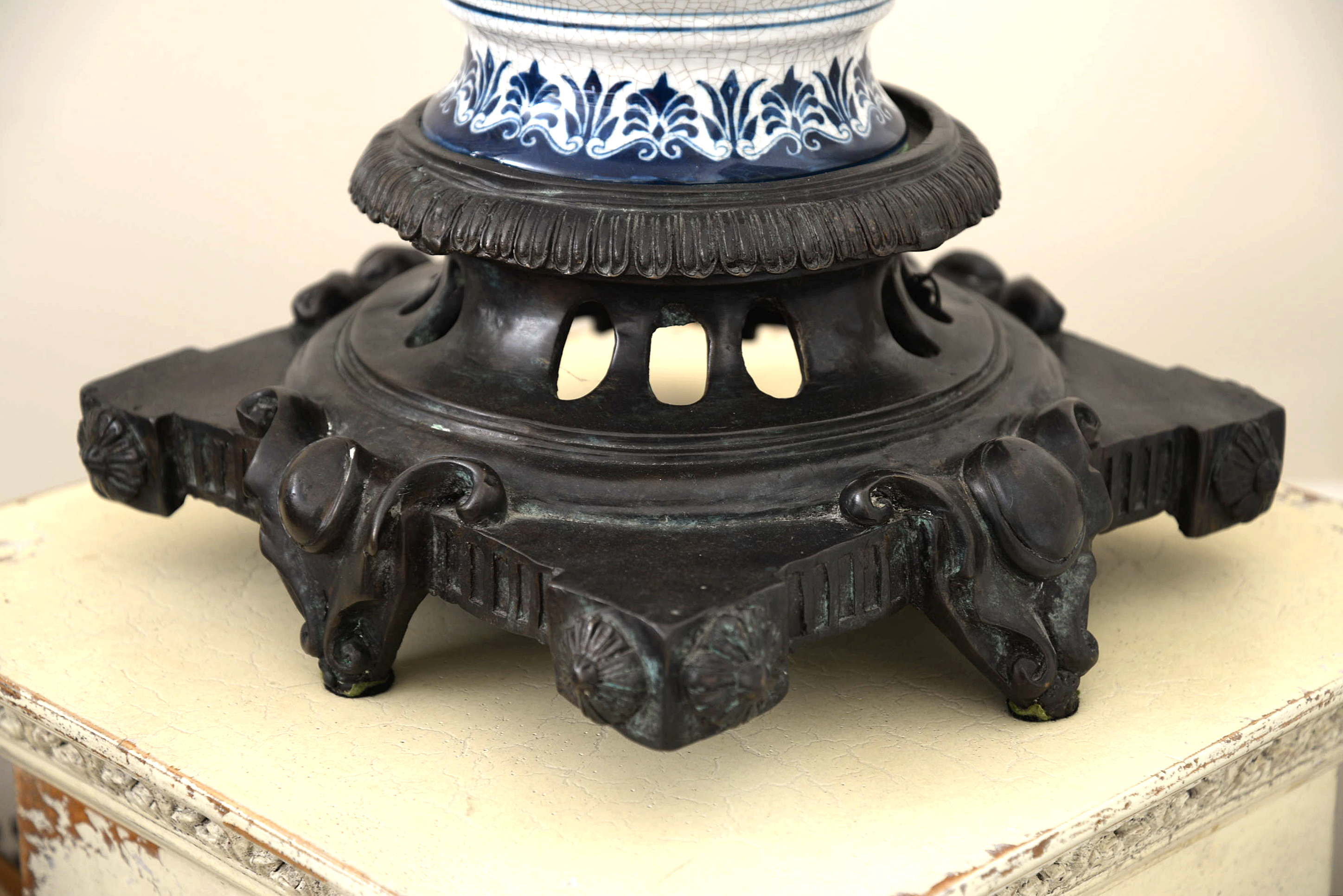 Delft Style Metal-Mounted Porcelain Covered Urn