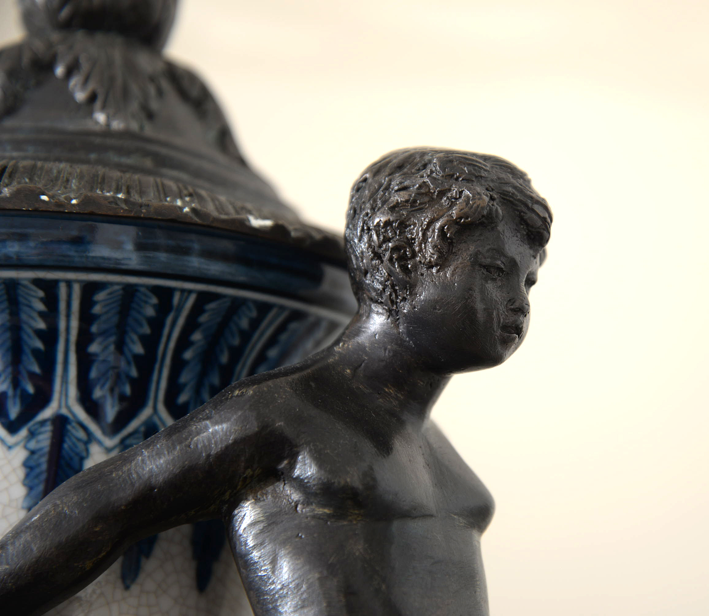 Delft Style Metal-Mounted Porcelain Covered Urn