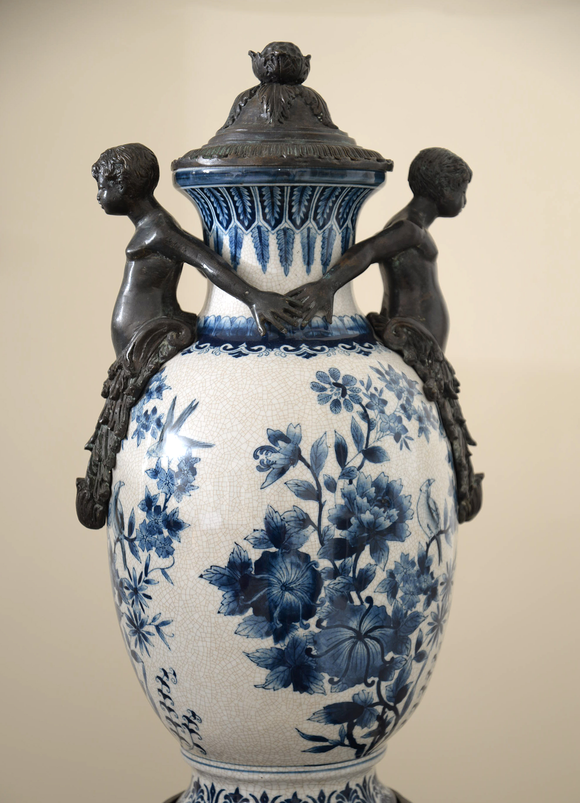 Delft Style Metal-Mounted Porcelain Covered Urn