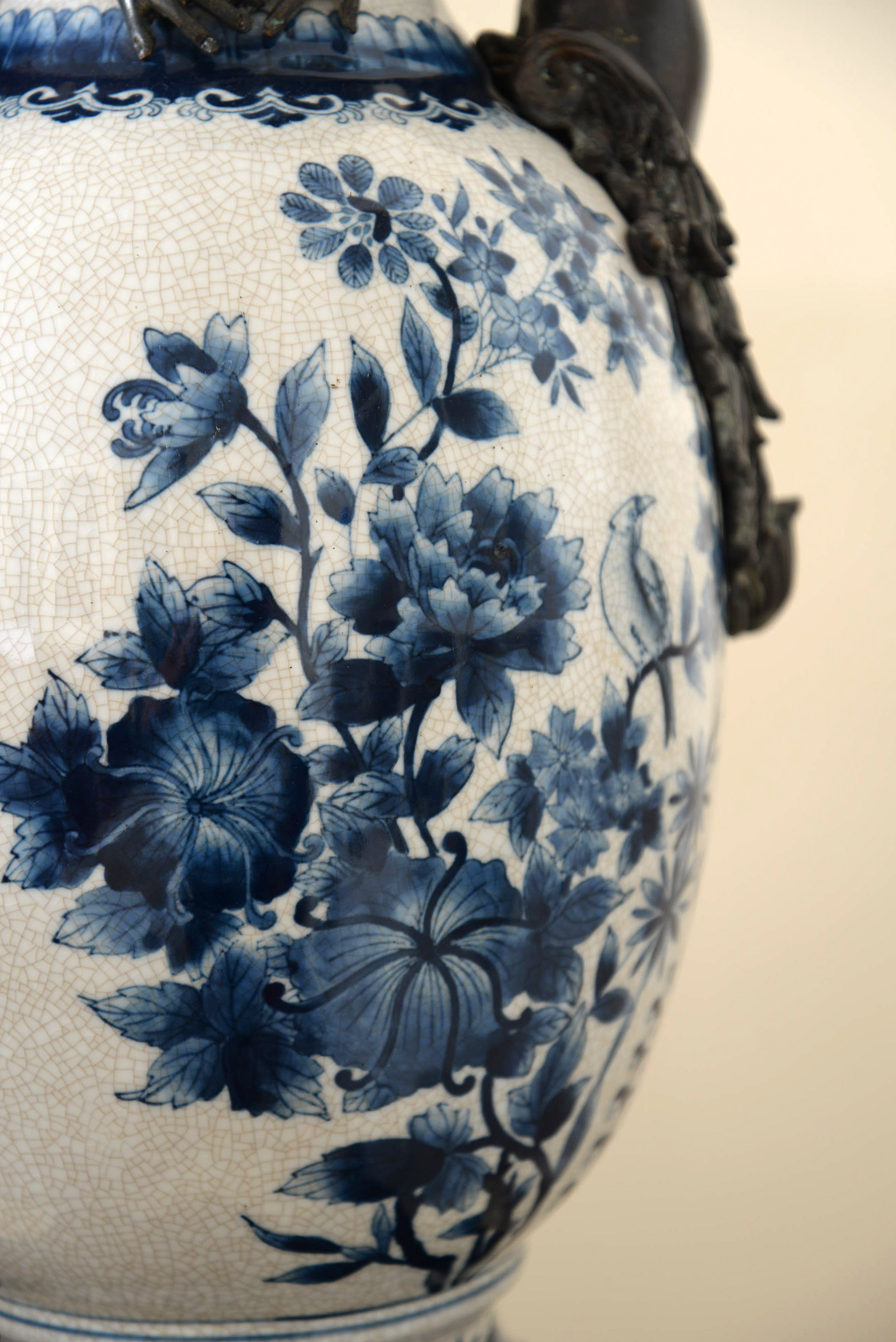 Delft Style Metal-Mounted Porcelain Covered Urn