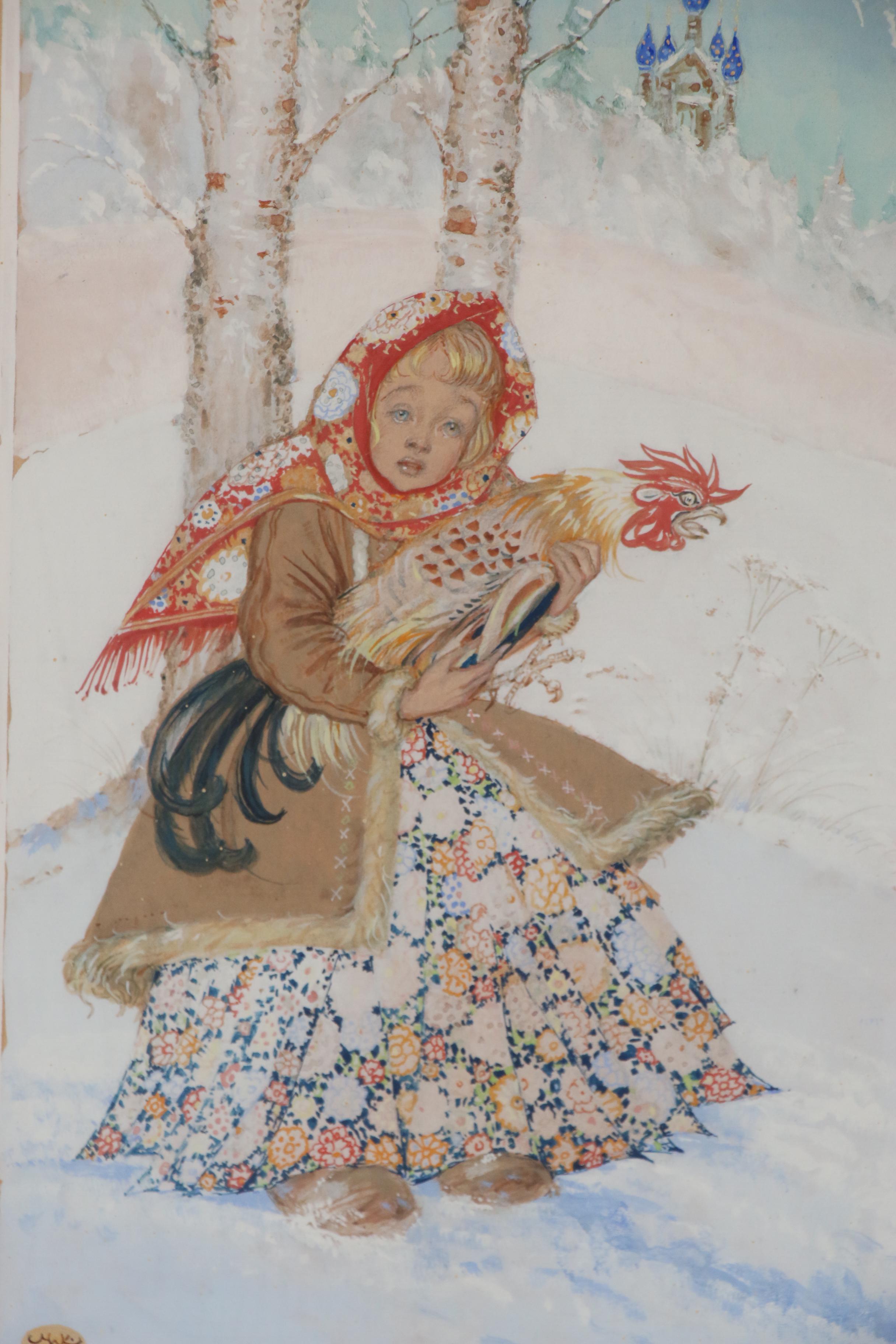 Paul Mak Gouache Painting of Girl in Snow with Rooster, 1954