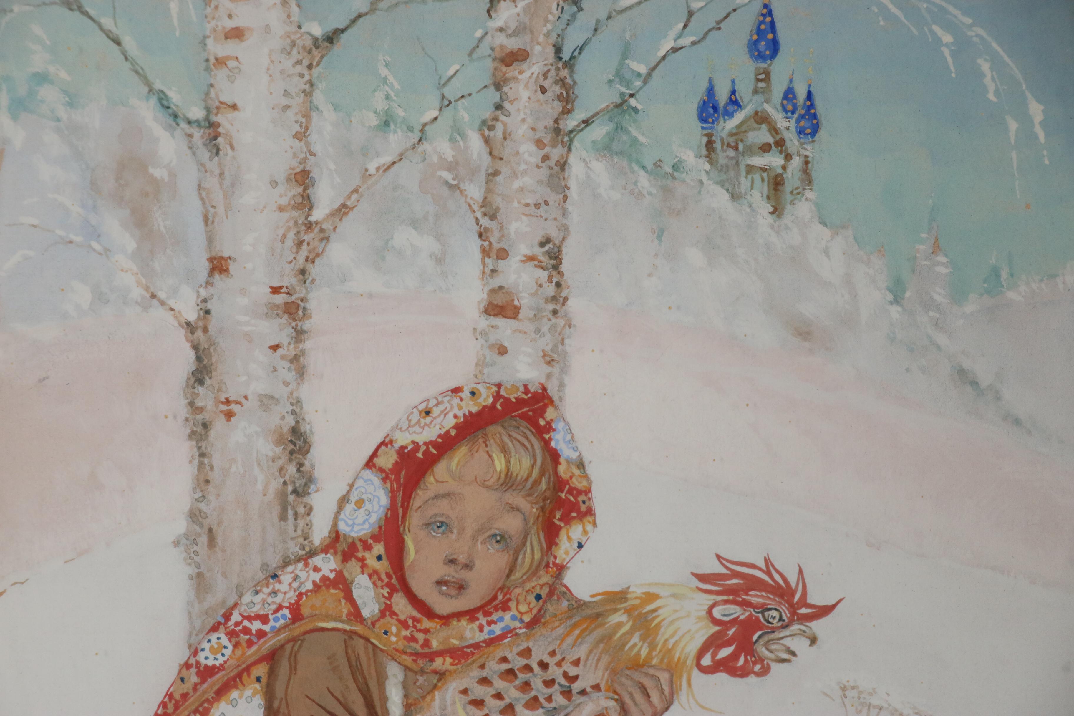 Paul Mak Gouache Painting of Girl in Snow with Rooster, 1954