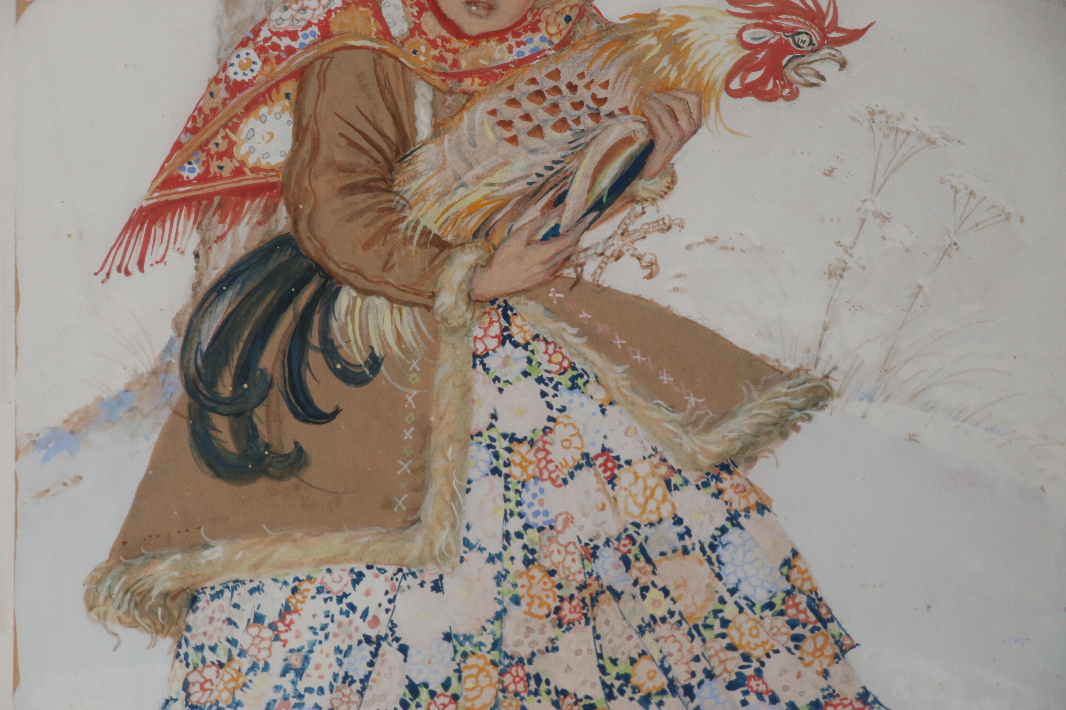 Paul Mak Gouache Painting of Girl in Snow with Rooster, 1954