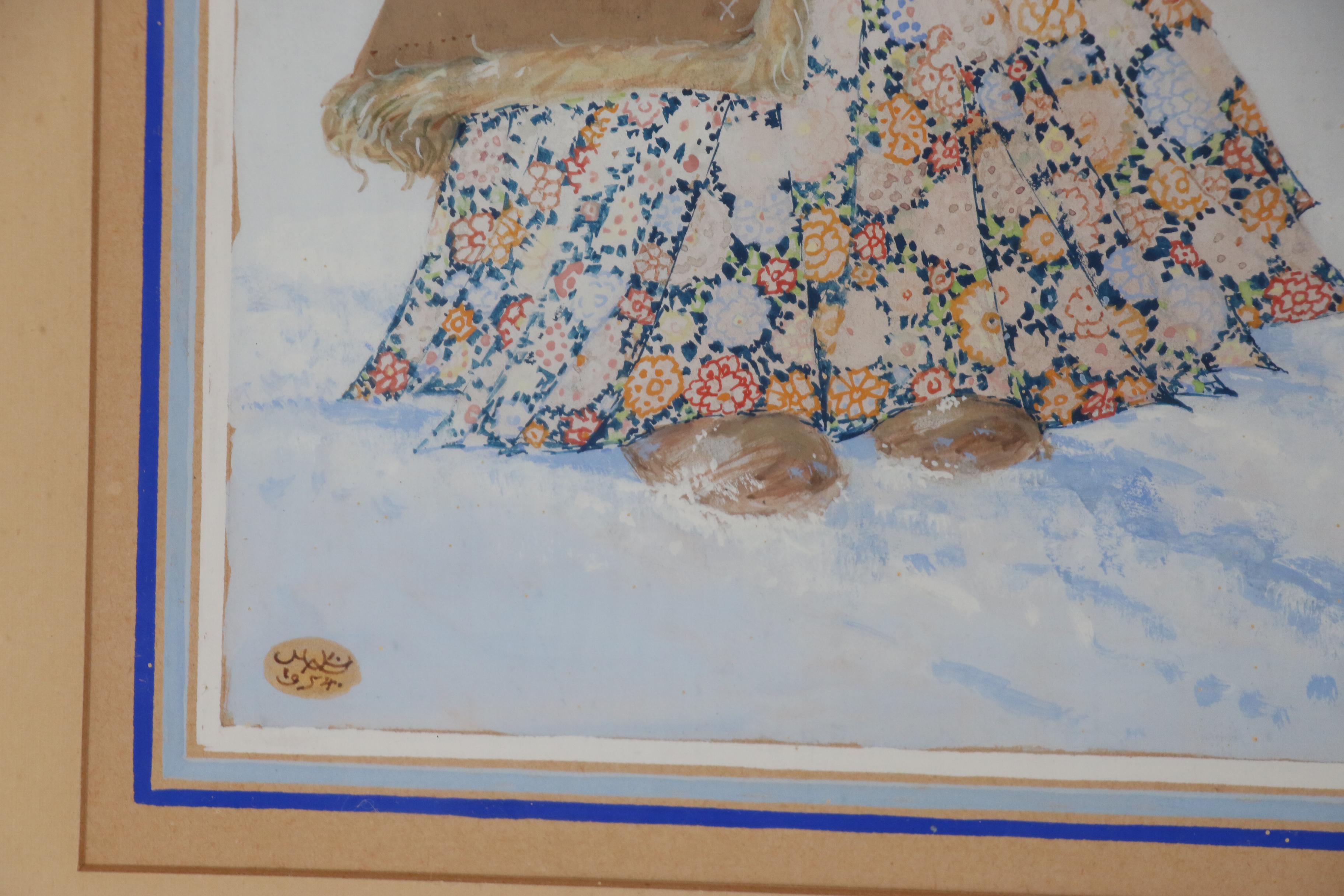 Paul Mak Gouache Painting of Girl in Snow with Rooster, 1954