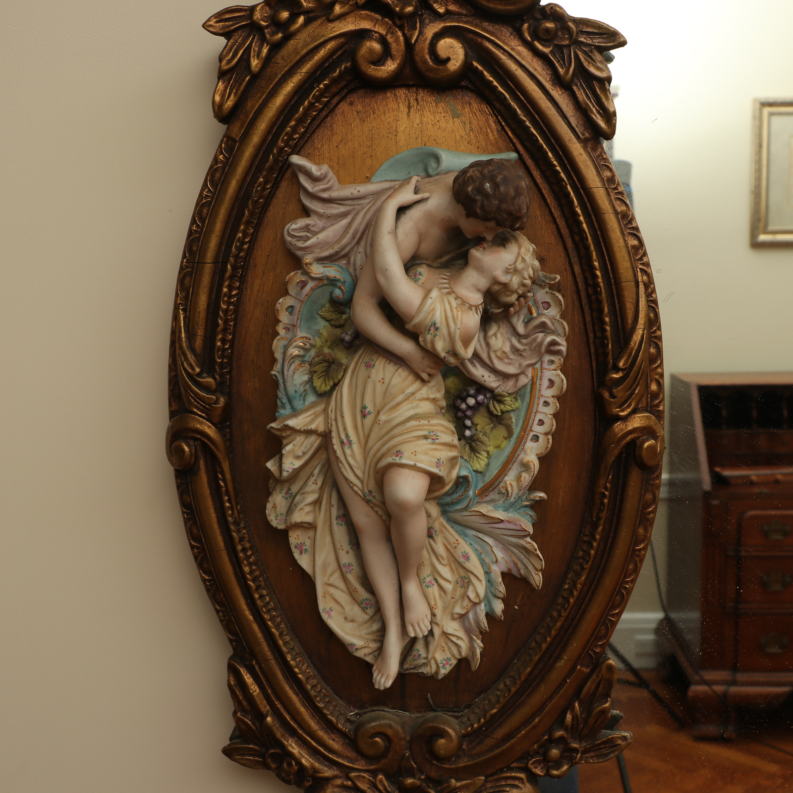 Baroque Style Gilt Wall Mirror with Porcelain Figural Plaques