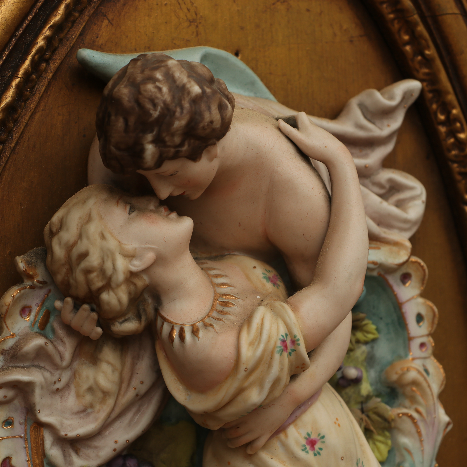 Baroque Style Gilt Wall Mirror with Porcelain Figural Plaques