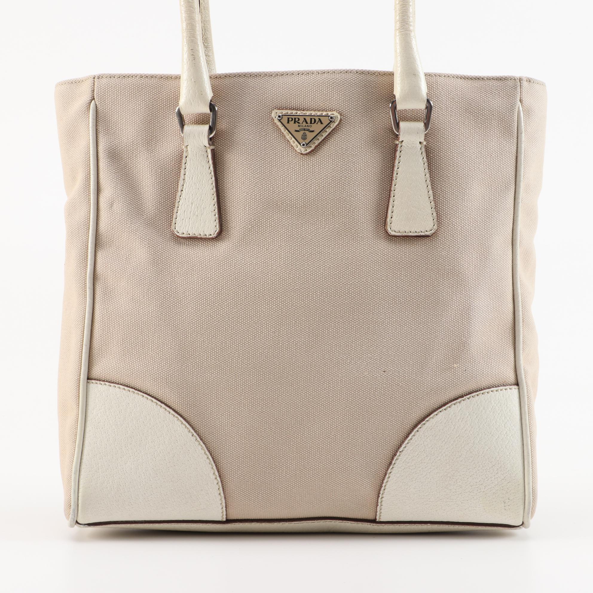 Prada Beige Canvas and Off-White Leather Small Tote