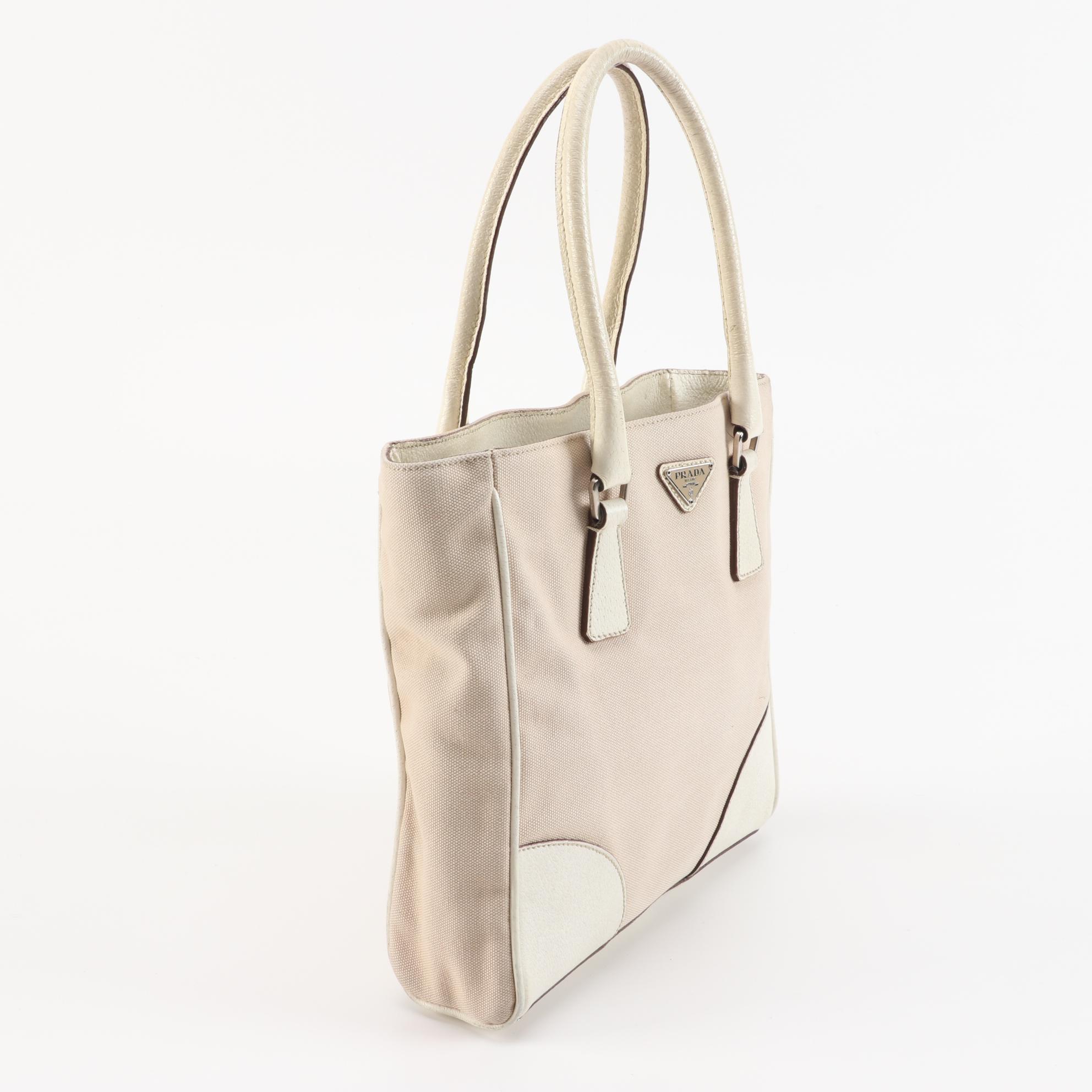 Prada Beige Canvas and Off-White Leather Small Tote