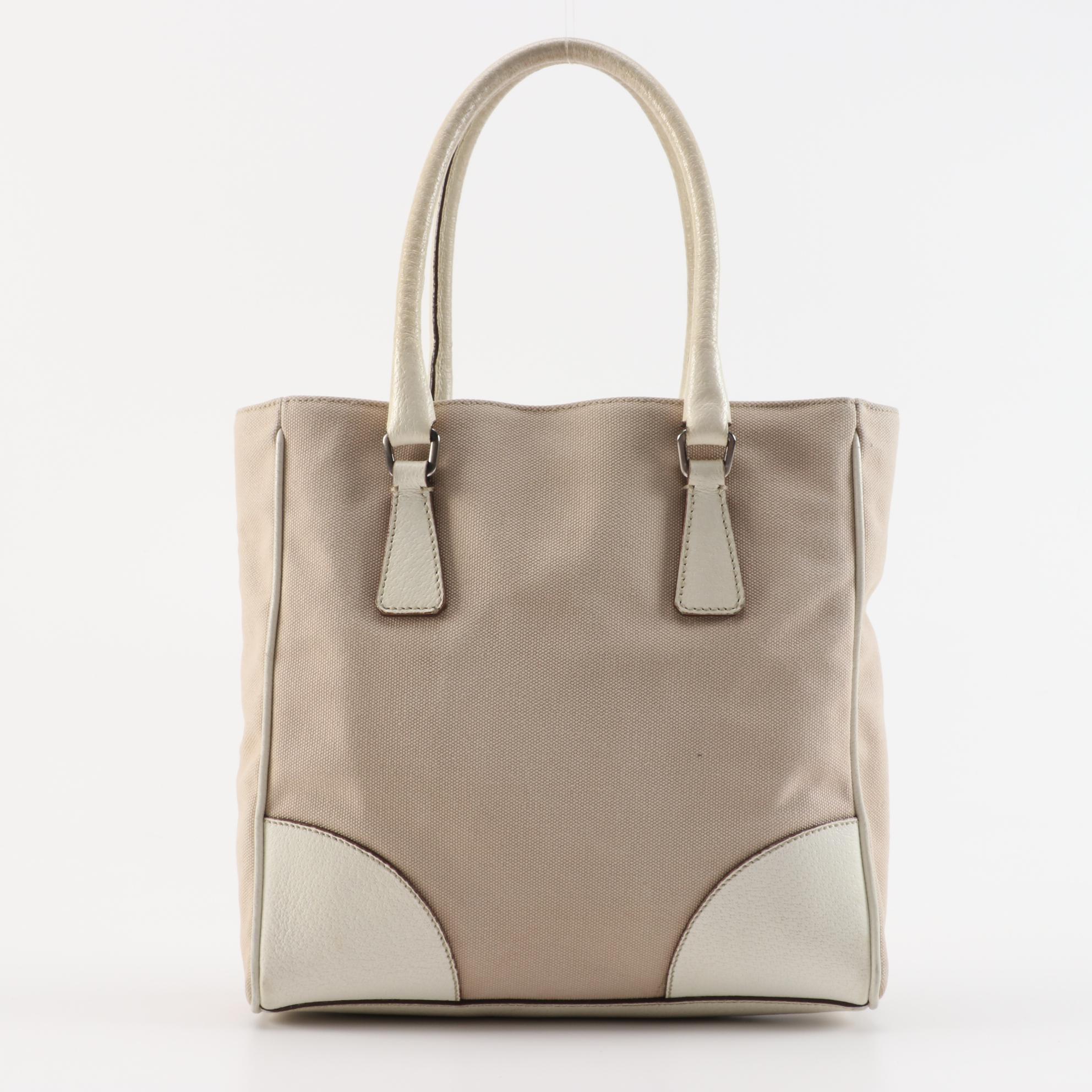 Prada Beige Canvas and Off-White Leather Small Tote