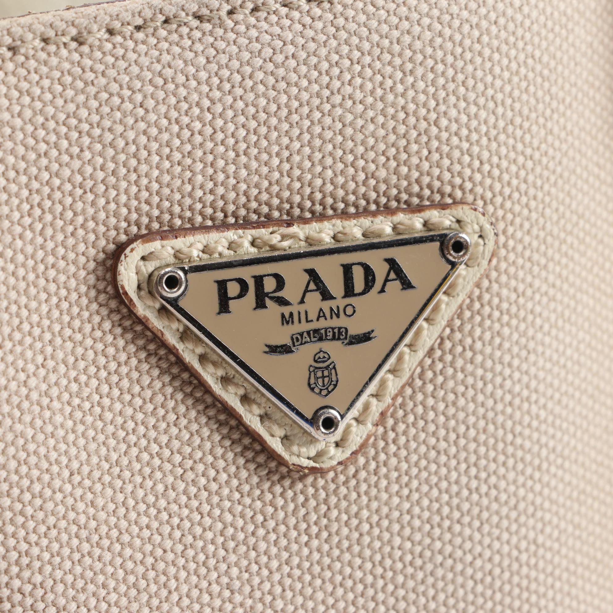Prada Beige Canvas and Off-White Leather Small Tote