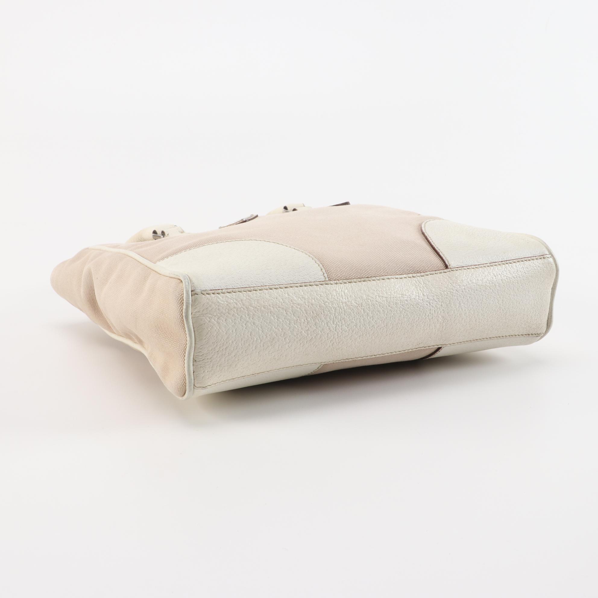Prada Beige Canvas and Off-White Leather Small Tote