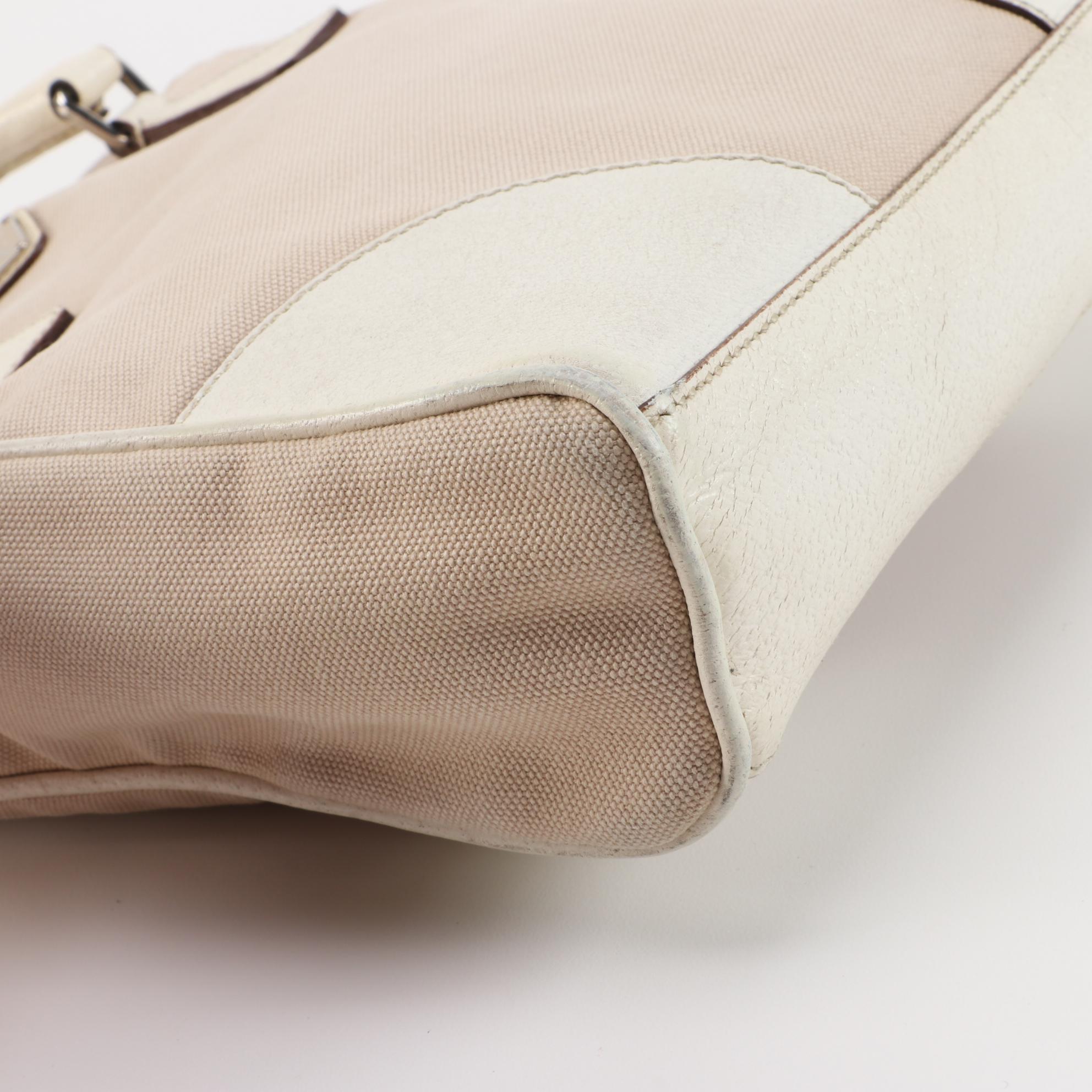 Prada Beige Canvas and Off-White Leather Small Tote