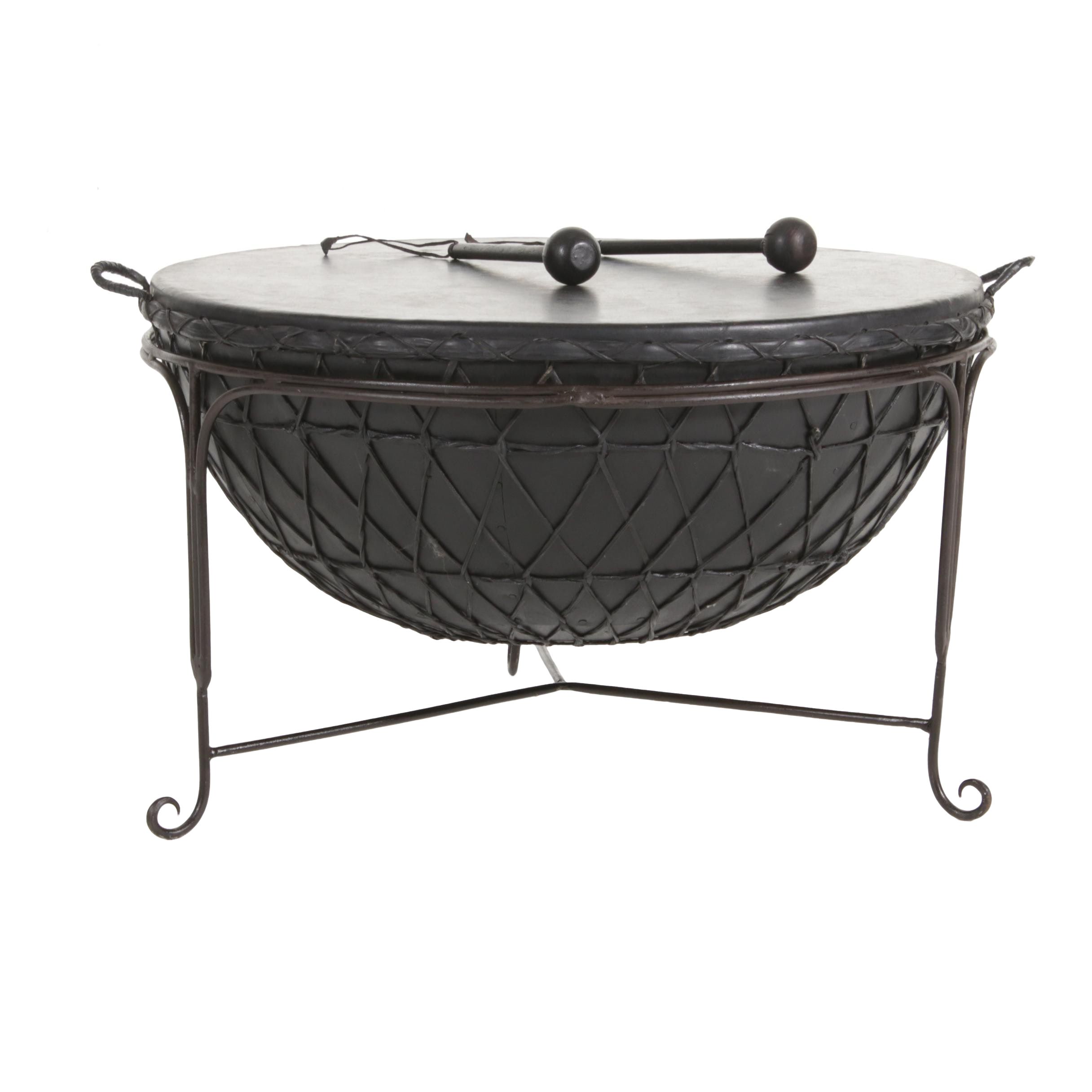 African-Style Leather Drum on Metal Stand or Coffee Table