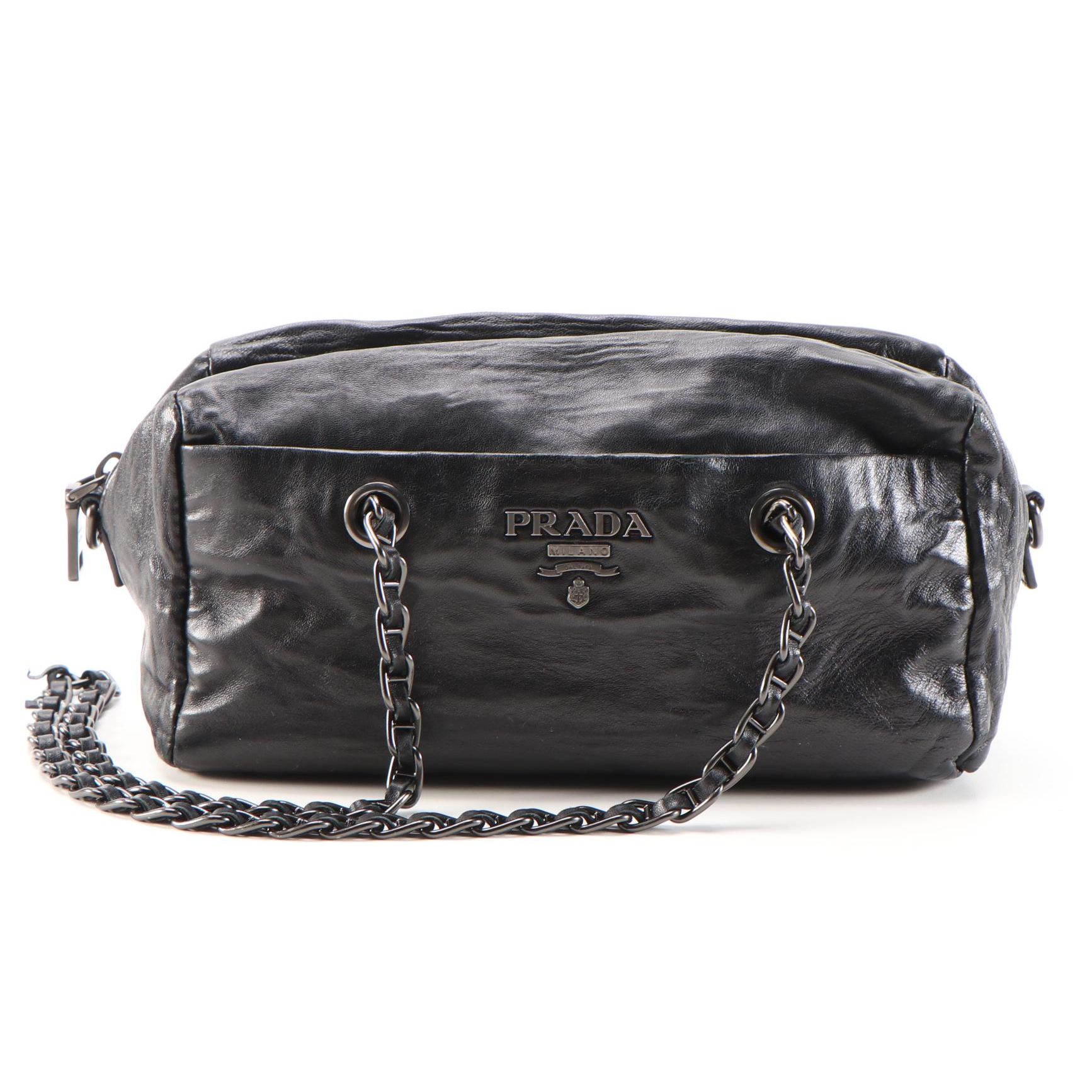 Prada Shoulder Bag in Black Leather with Interwoven Chain and Leather Straps