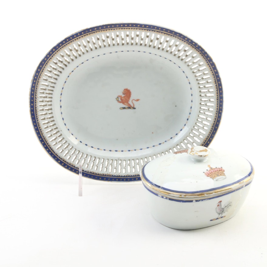 Chinese Export Armorial Porcelain Reticulated Plate and Covered Box, 18th C.