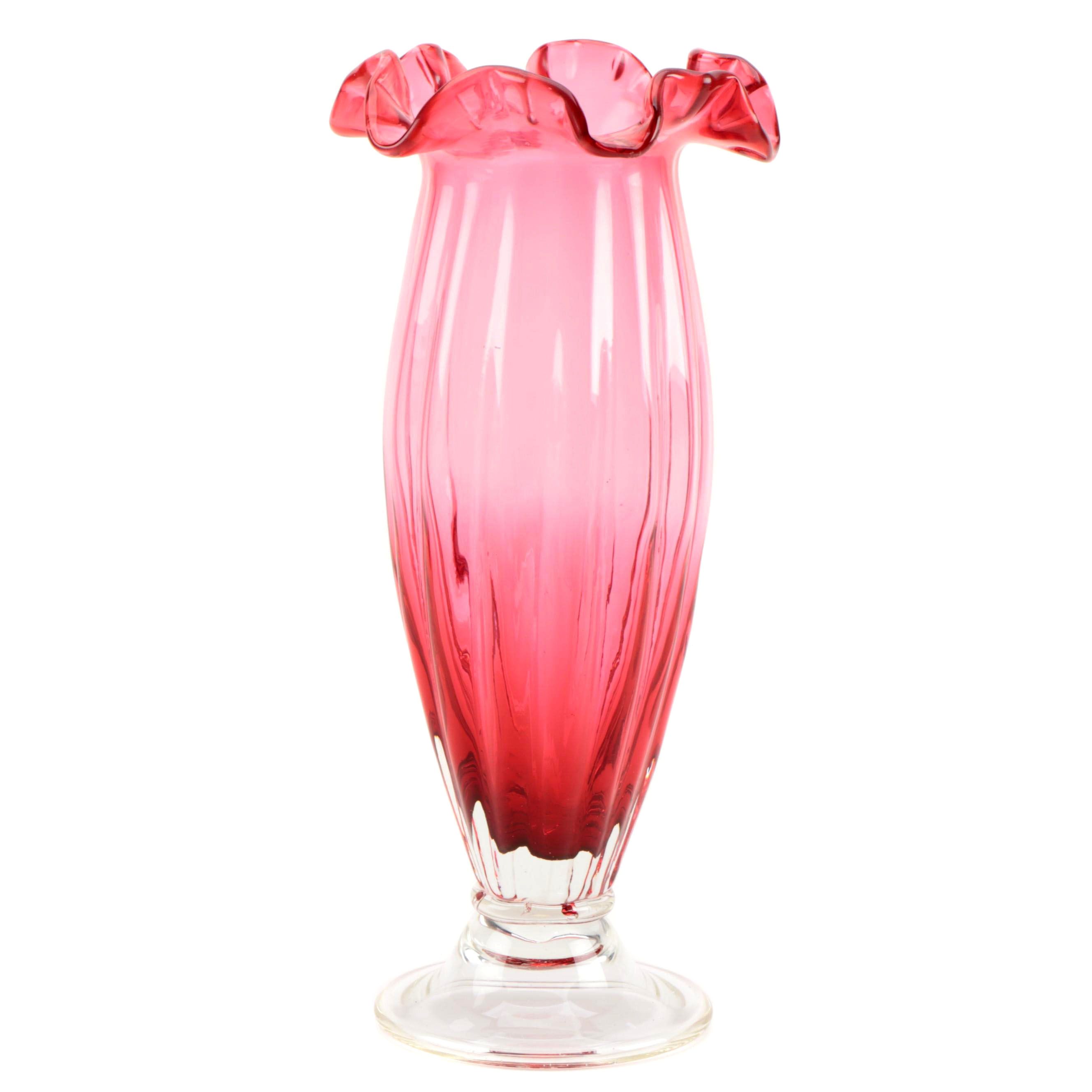 Cranberry Glass Fluted Ruffle Edge Vase, Mid 20th Century