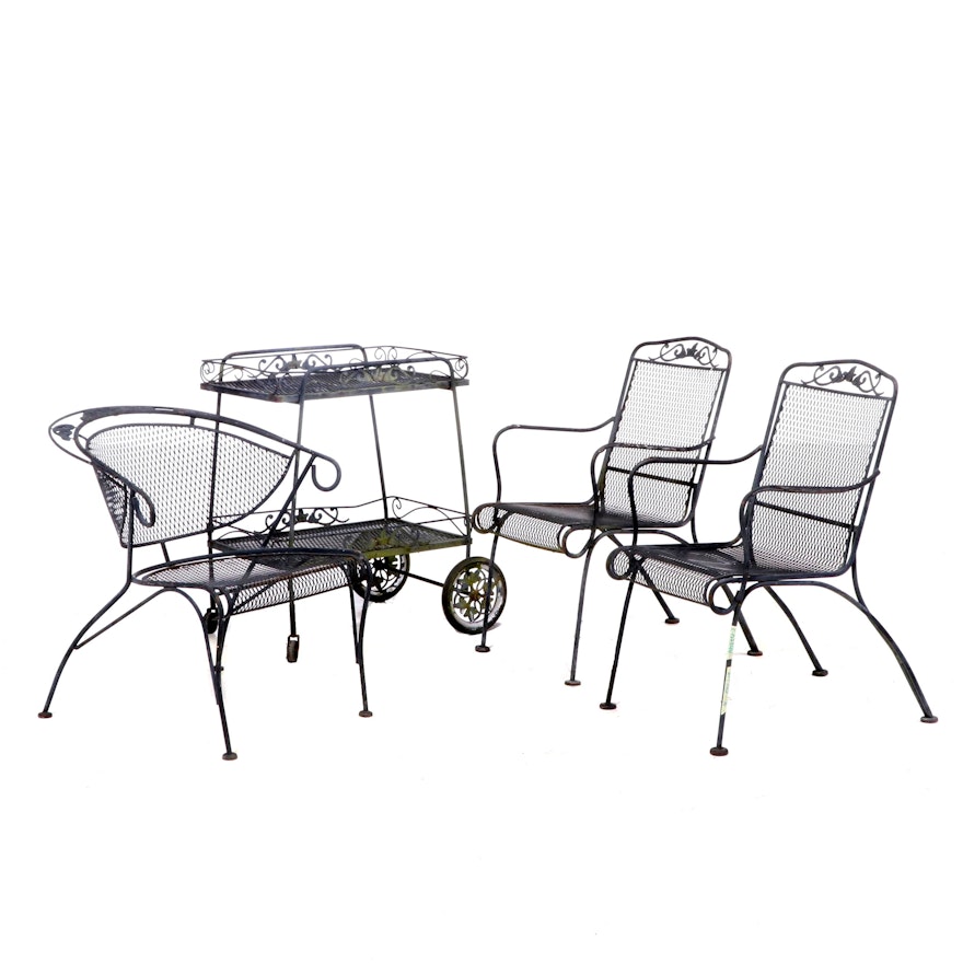 Woven Metal Mesh Patio Chairs and Bar Cart, Late 20th Century