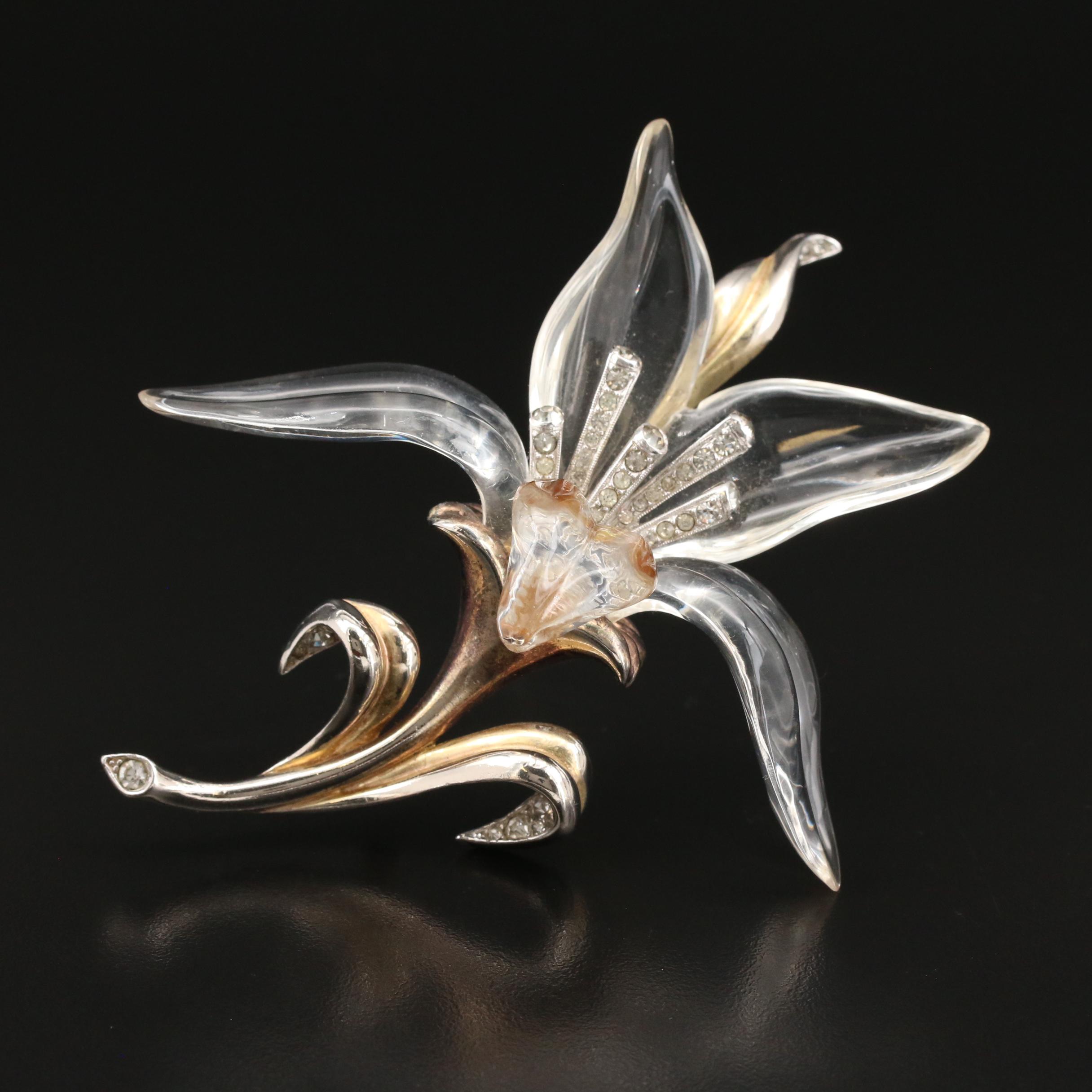 1941 Trifari "Jelly Belly by Alfred Phillippe" Lucite and Rhinestone Lily Brooch