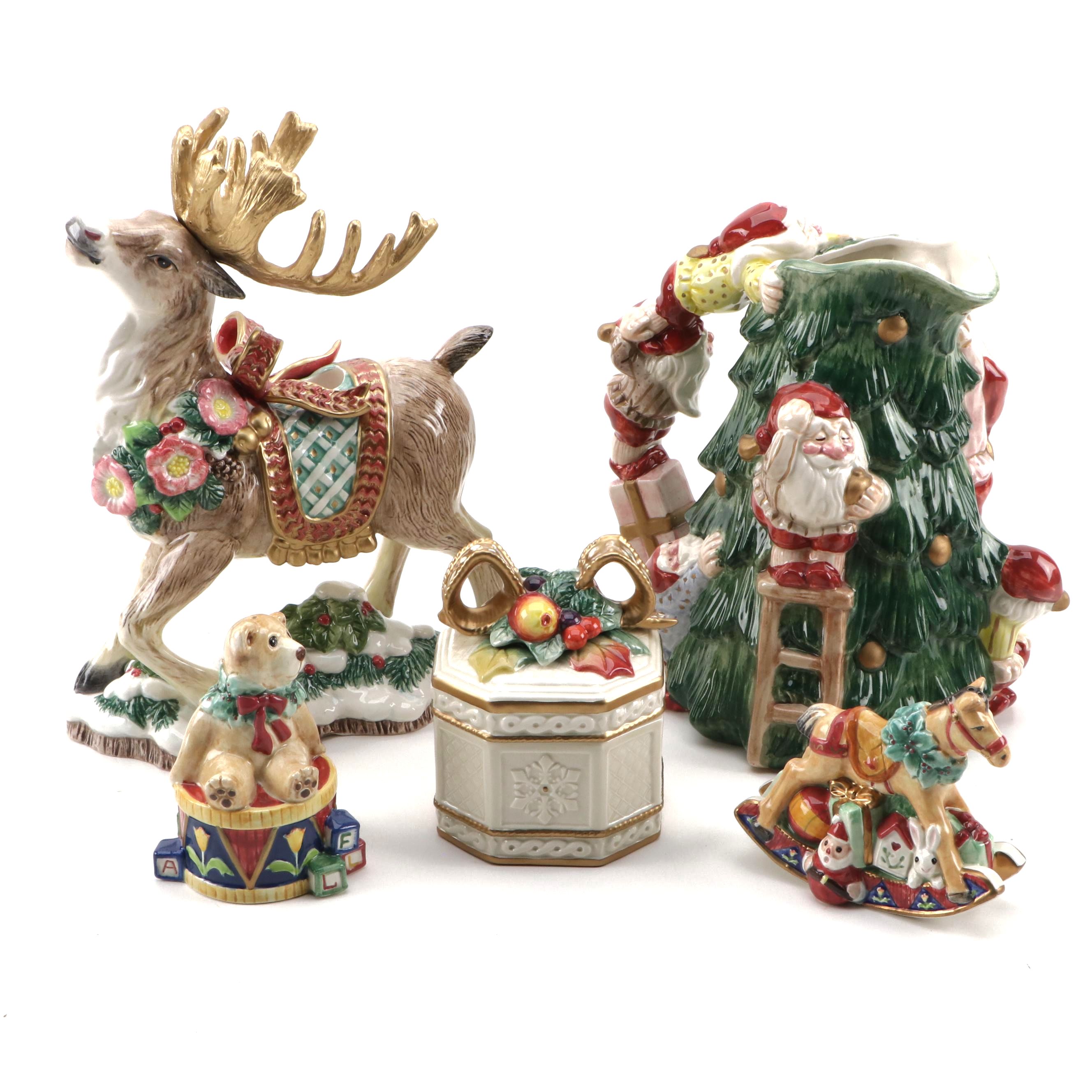 Fitz and Floyd Christmas Elves Tree Pitcher, Deer Candleholder, and more