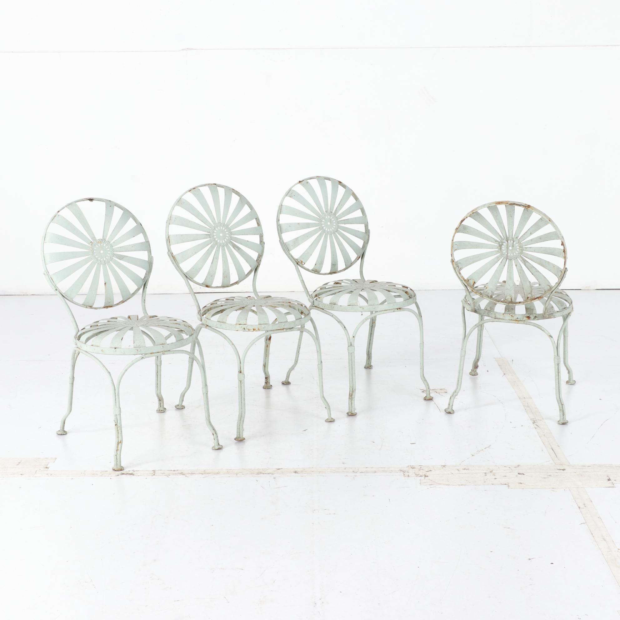 François Carre "Sunburst" White-Painted Iron Bistro Patio Chairs, circa 1930