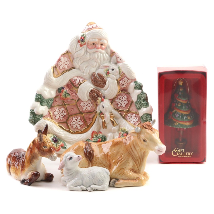 Fitz and Floyd "Snowy Woods" Santa Serving Plate and Other Christmas Decorations